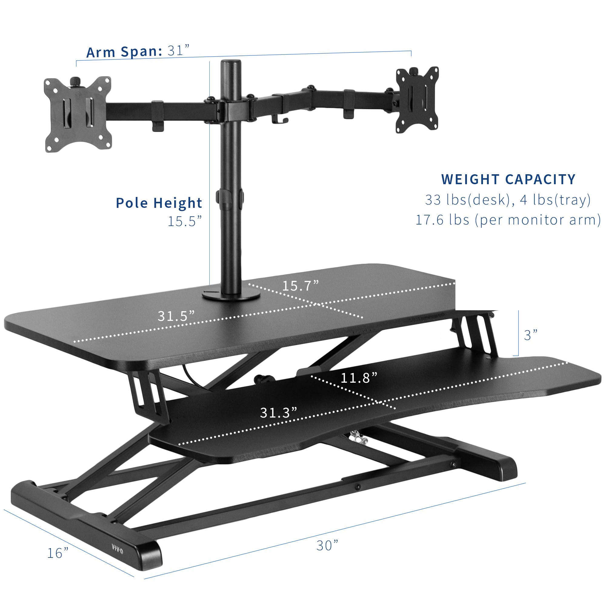 VIVO 32 Inch Height Adjustable Standing Desk Converter - Dual Monitor Stand (13-30 Inch) - Sit to Stand Workstation Riser - Black (DESK-V000K-M2) - Perfect for Home Office, Gaming Setup & Ergonomic Workspace