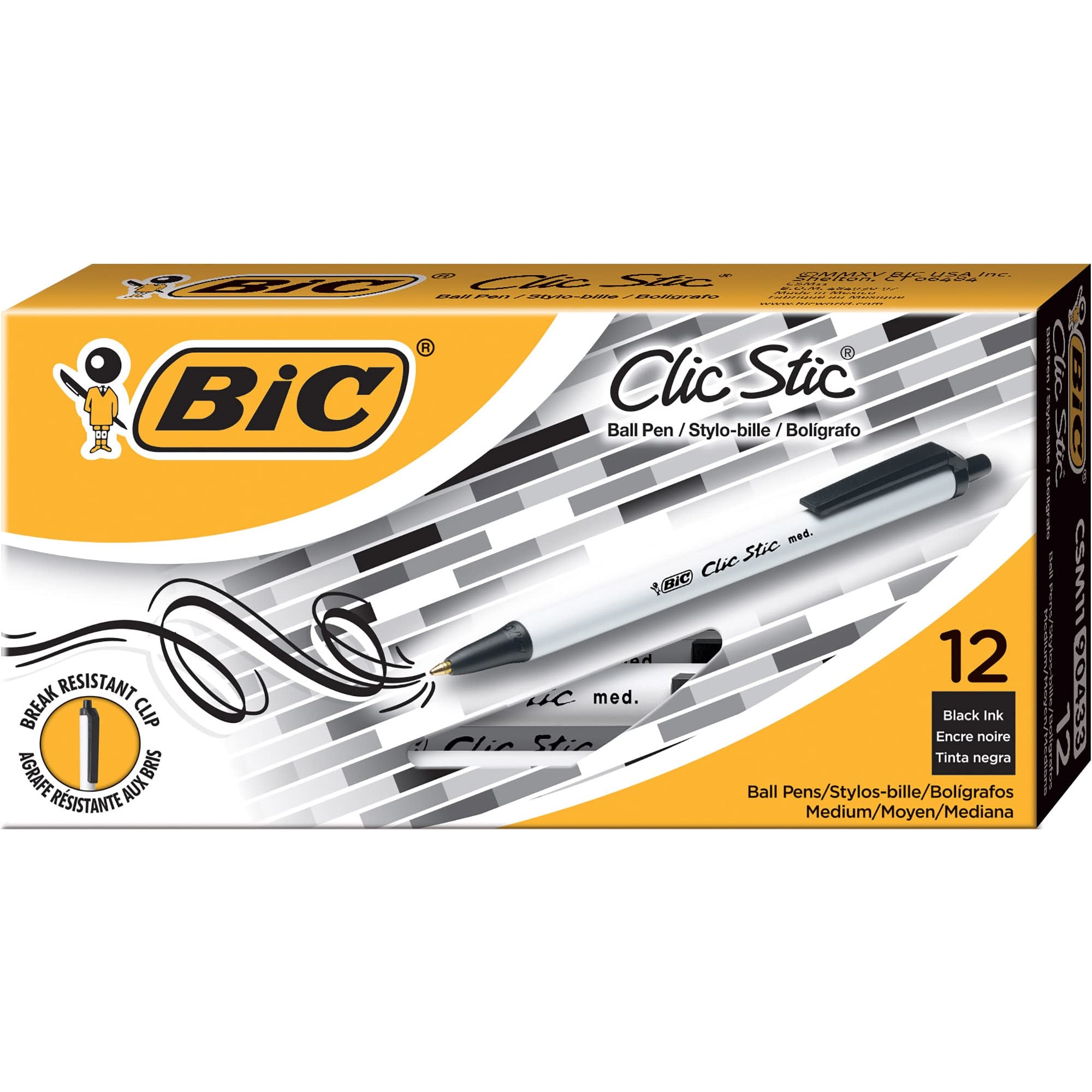 BIC® Clic Stic® Retractable Ballpoint Pens - Medium Point 1.0mm, White Barrel with Black Ink (12-Pack) - Perfect for Office, School & Everyday Writing Needs