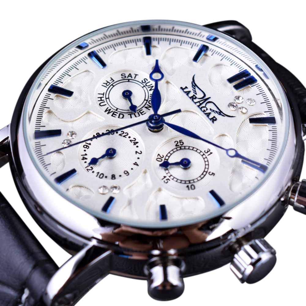 Luxury Blue Hands White Dial Leather Strap Men's Automatic Mechanical Watch with 3 Subdials & Diamond Accents - Perfect for Business, Formal Events & Gift Giving
