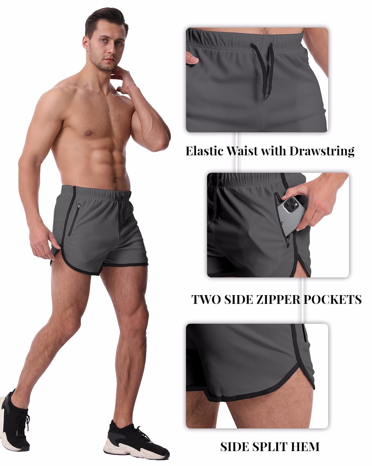 OEBLD Men's 3 Inch Running Shorts - Breathable Quick Dry Workout Athletic Shorts with Zipper Pockets for Gym, Jogging & Outdoor Sports