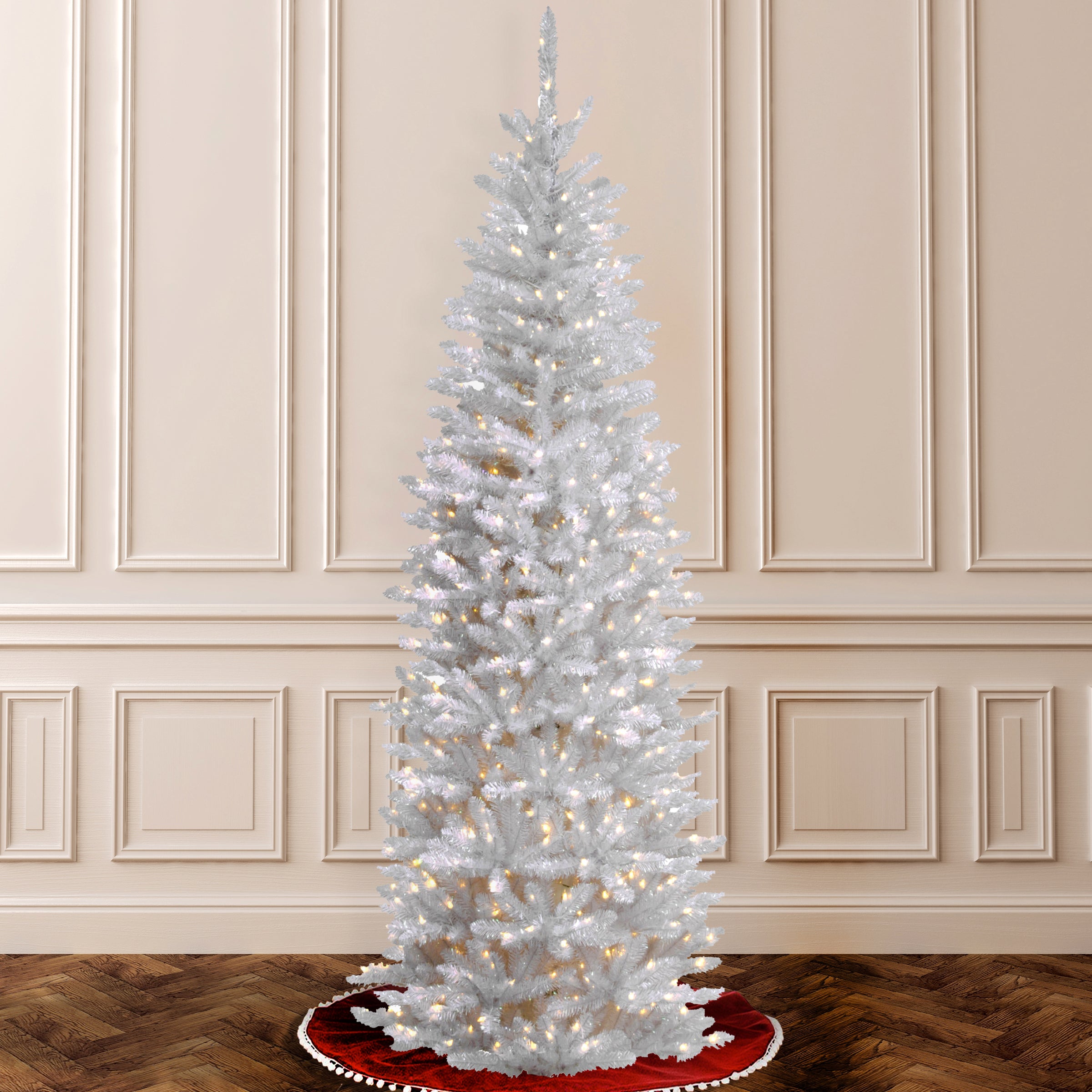 6.5 ft Pre-Lit Kingswood Fir White Pencil Christmas Tree with 300 Clear LED Lights - Perfect for Living Room, Office, and Holiday Decorations