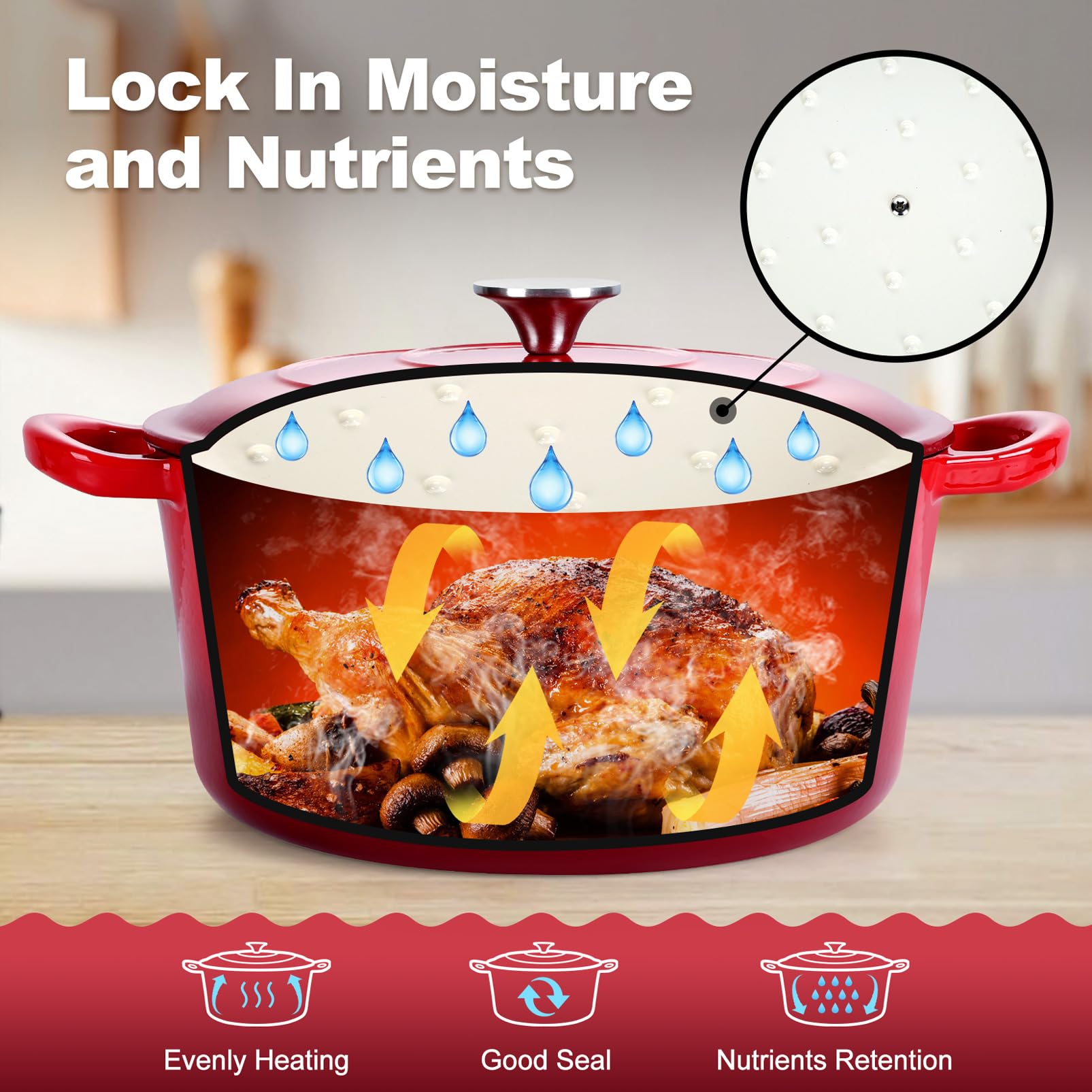 P&P CHEF Enameled Cast Iron Dutch Oven 7QT - Red Enameled Casserole Pot with Lid for Baking Bread, Roasting, Braising, Stewing, Frying & Simmering - Oven, Stovetop & Induction Safe - Easy to Clean - Perfect for Home Cooking, Camping & Outdoor Use