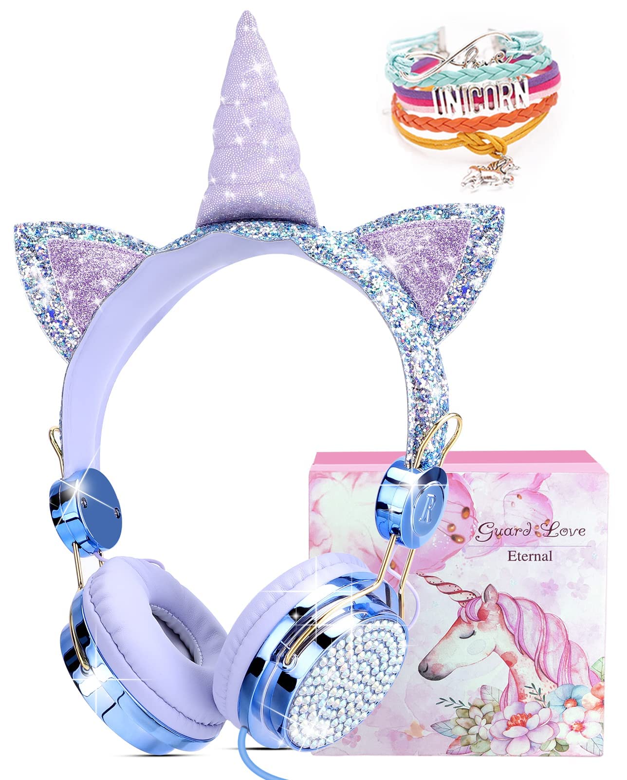JYPS Unicorn Sparkly Rhinestone Wired Headphones for Kids - Adjustable Stereo Headset with Mic, Volume Control & Matching Bracelet (Fairy Blue) | Perfect for School, Travel & Online Learning