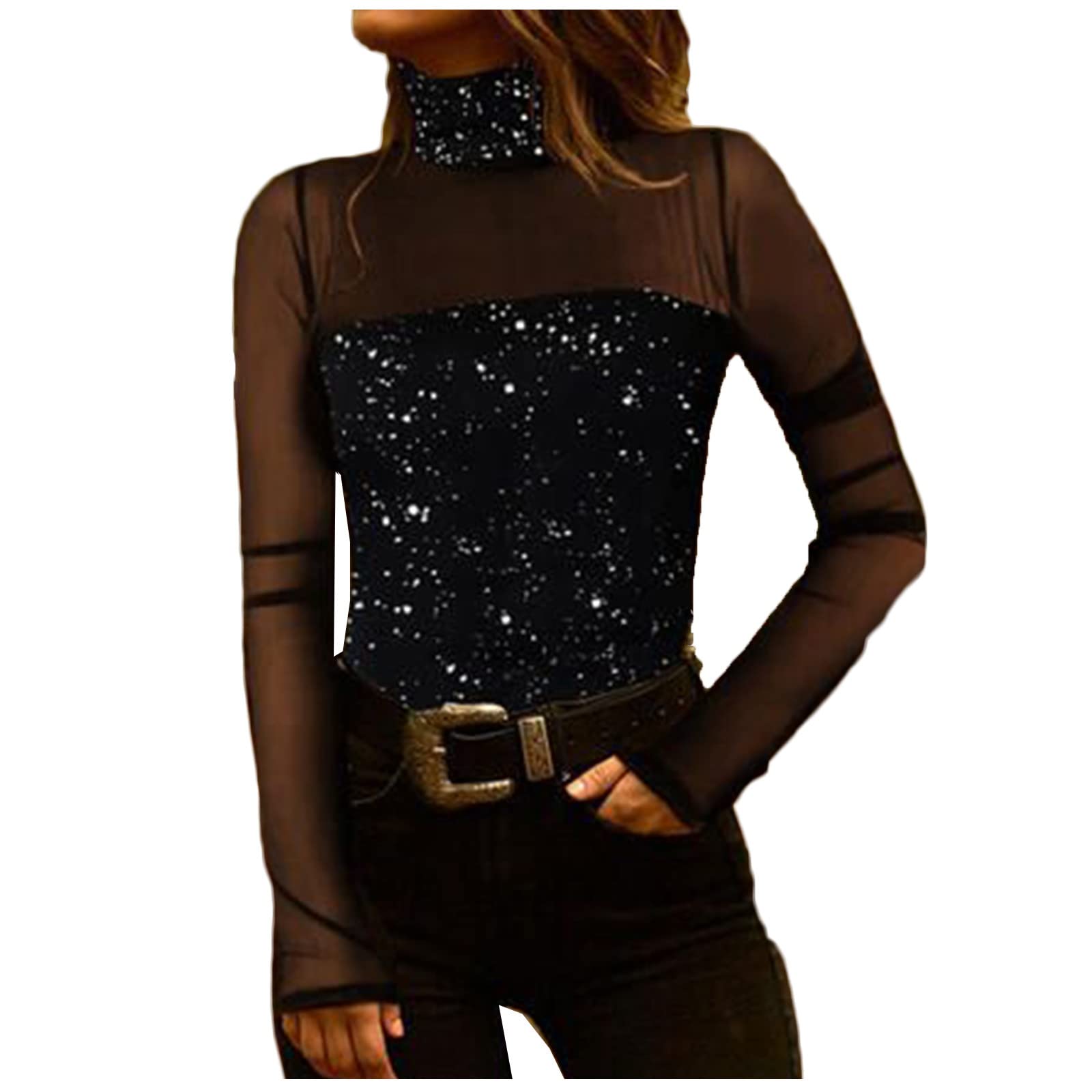 Women's Bodycon Mesh Knit Long Sleeve High Neck Blouse Tops #66 - Perfect for Casual Outings, Date Nights & Office Wear