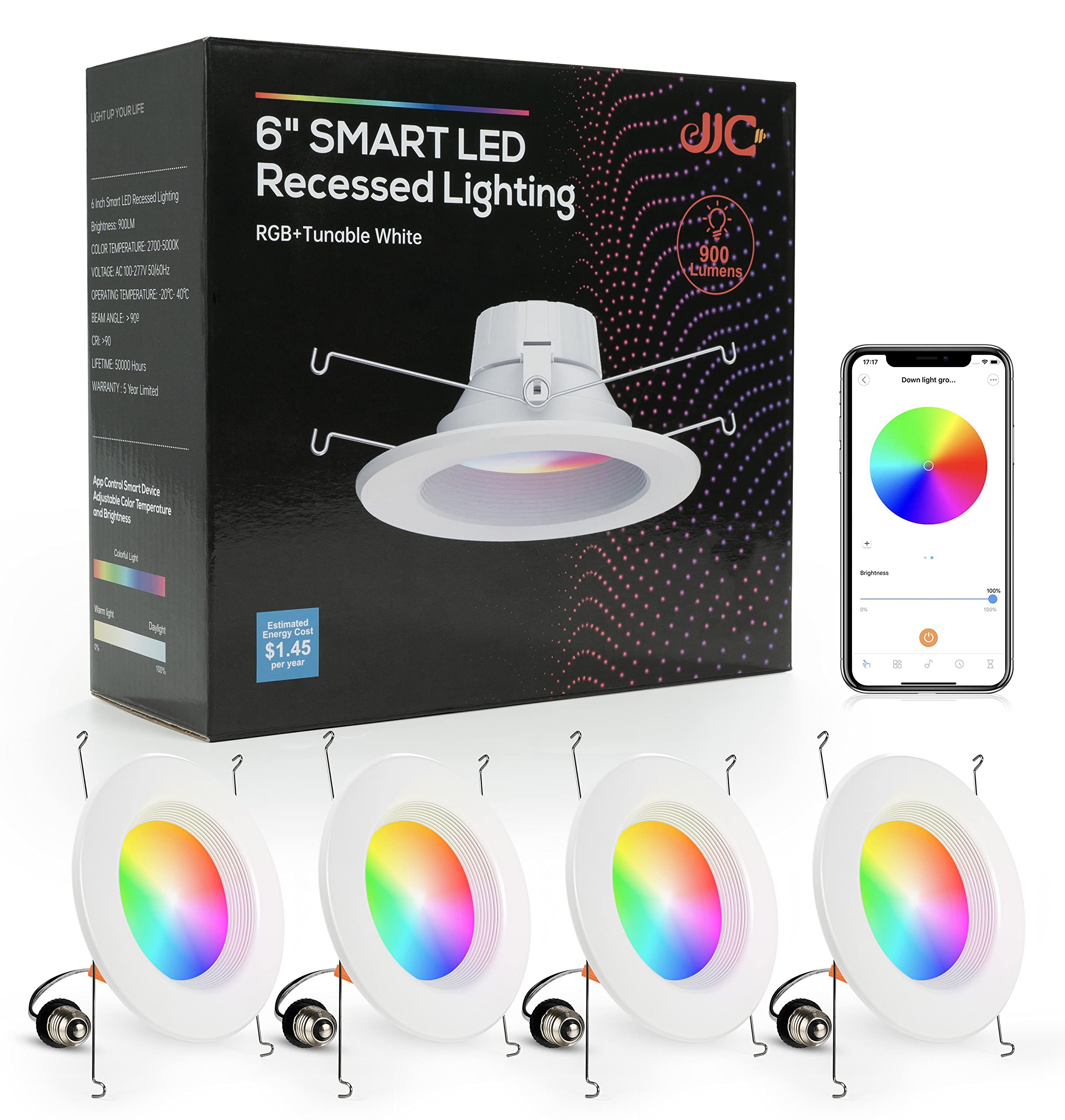 JJC 5/6 Inch Smart LED Recessed Lights - RGBWW Color Changing Ceiling Lights, 12W 900LM, 2700K-5000K Dimmable Downlight, 4 Pack - Perfect for Living Room, Bedroom, Kitchen & Home Theater Lighting