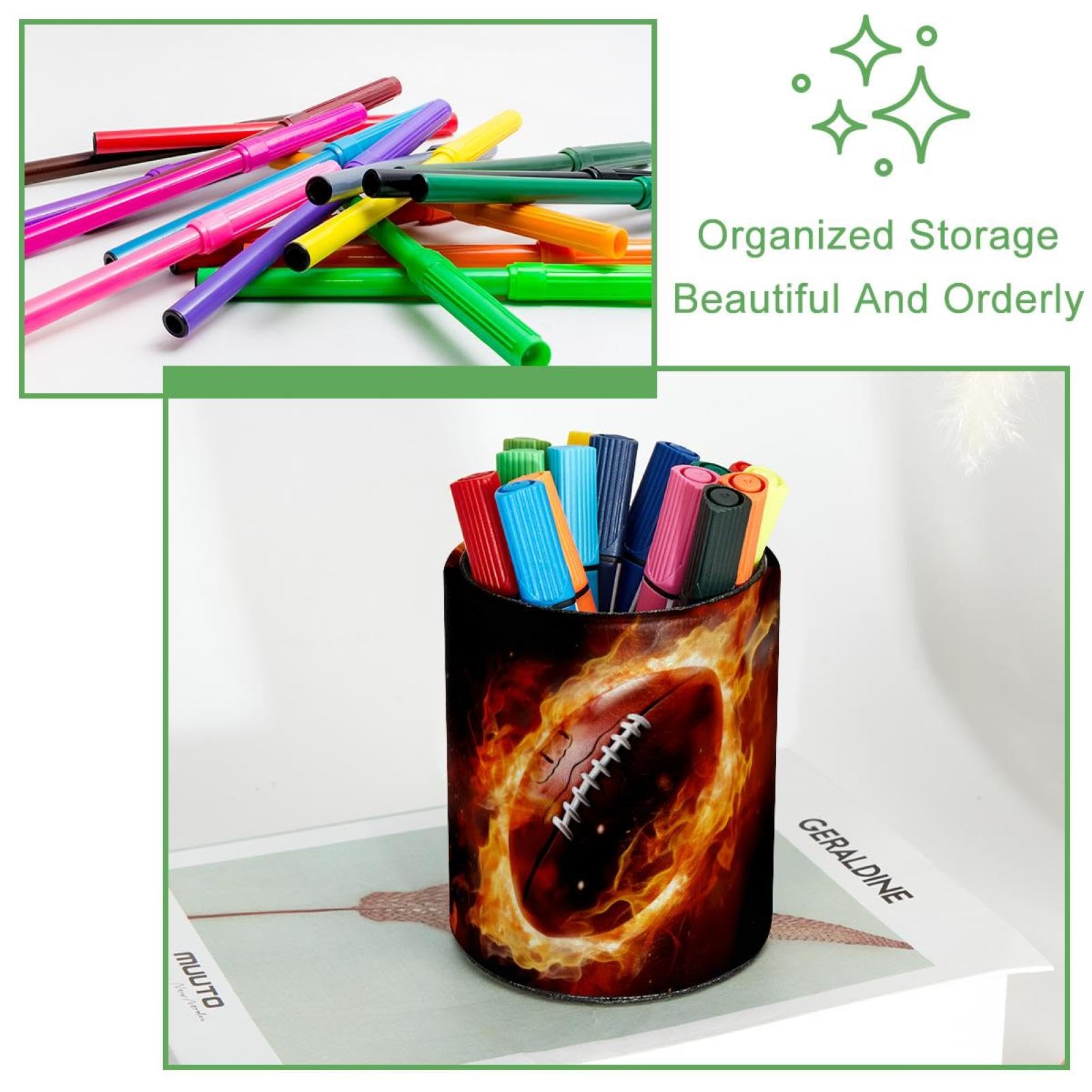 Desk Pen Holder & Pencil Organizer - American Football & Fire Design Office Supplies for Home, School, and Workplace Organization