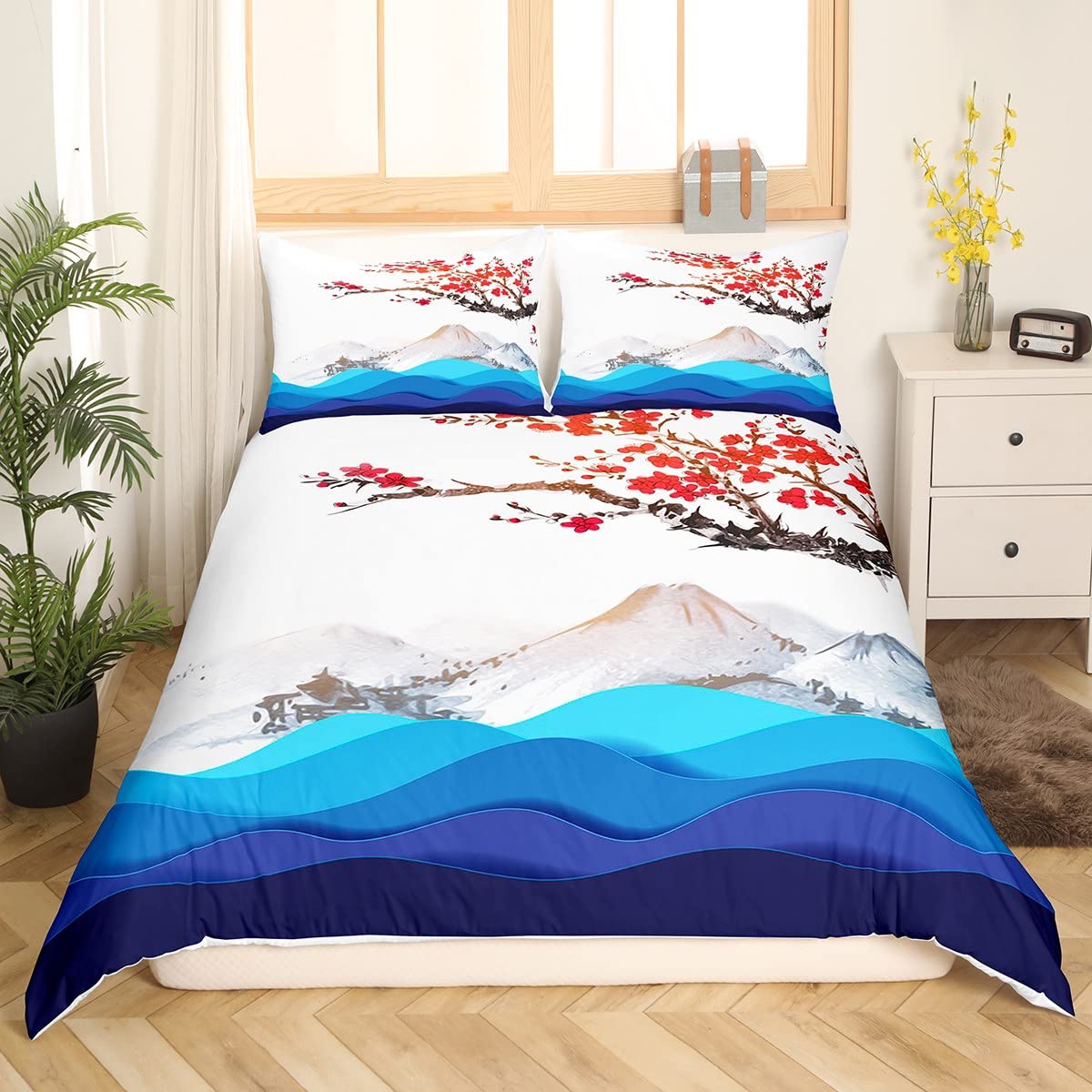Erosebridal Ukiyoe Themed Duvet Cover Set - Cherry Blossom & Mt. Fuji Japanese Style Bedding for Twin Size | Japanese Sea Waves & Botanical Ink Painting Design | Perfect for Asian-Themed Bedroom Decor & Zen Home Styling