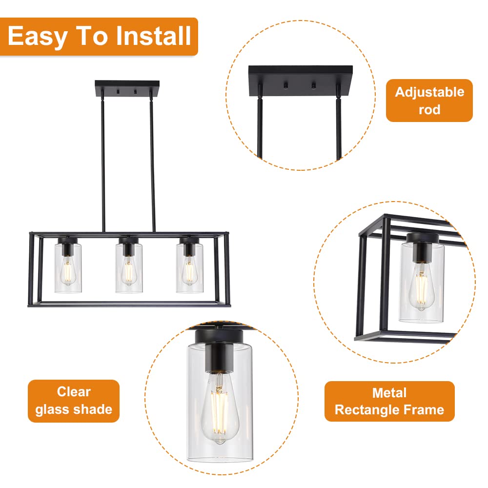 VINLUZ 3-Light Black Modern Chandelier - Contemporary Linear Pendant Light for Dining Room, Kitchen Island, Farmhouse | Glass Shade Hanging Fixture | Perfect for Home Decor, Restaurant Lighting & Interior Design