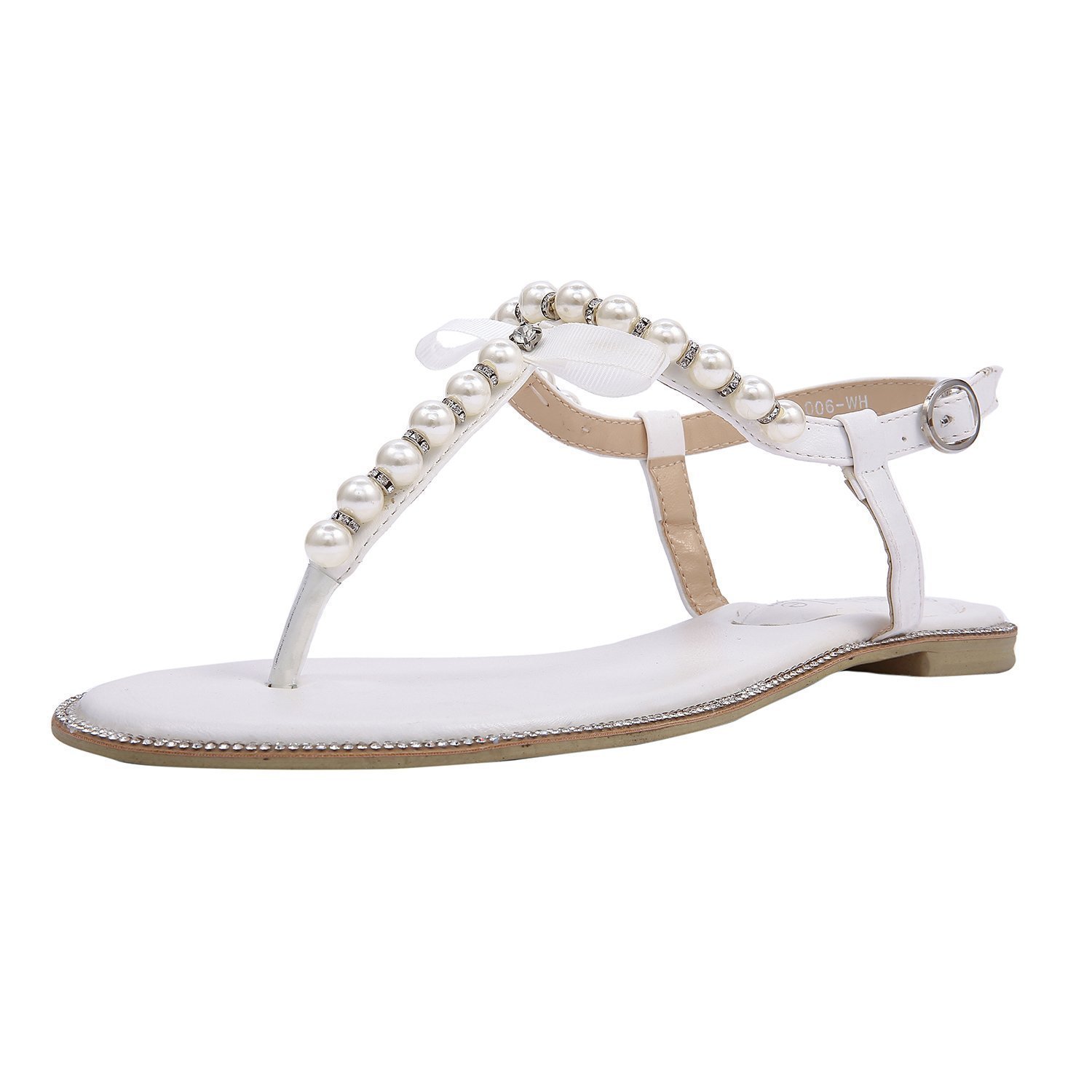 SheSole Women's Pearl T-Strap Flat Sandals - Bridal Wedding Shoes for Bride, Beach Party & Summer Occasions - Comfortable White Ballet Flats for Outdoor Ceremonies