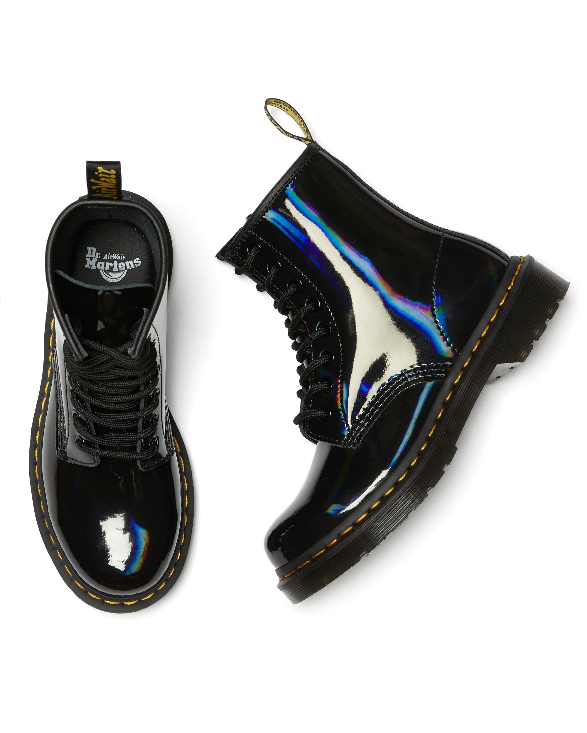 Dr. Martens 1460 Black Rainbow Patent Leather Boots with Yellow Stitch - Punk Fashion, Street Style & Everyday Wear for Men & Women