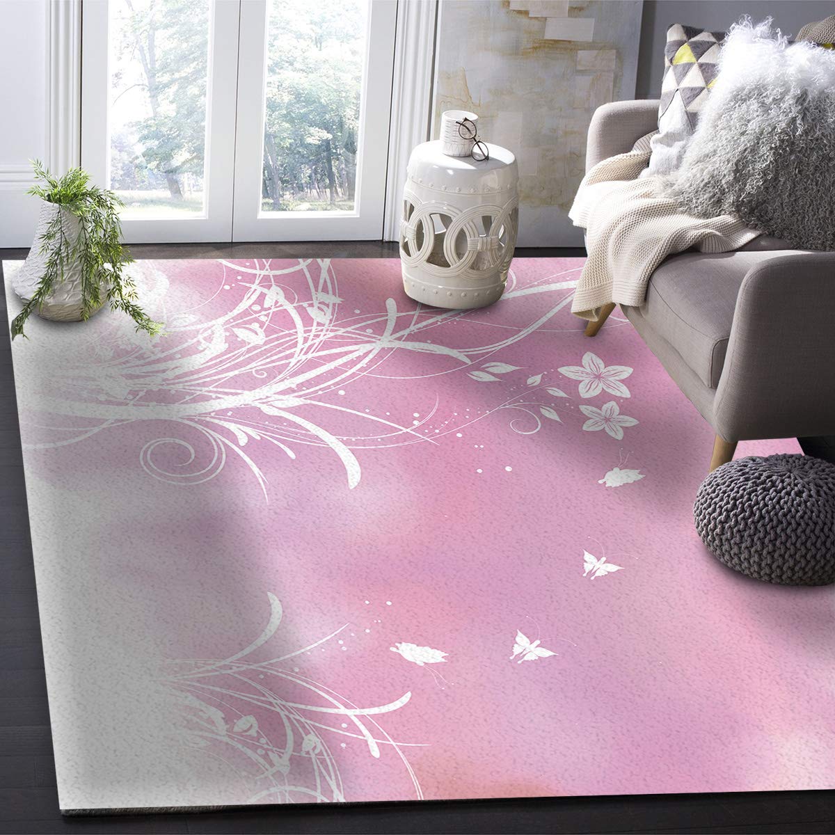 **Non-Slip 5x8 Feet Floral Butterfly Area Rug - Absorbent Soft Indoor Carpet for Living Room, Bedroom, Kitchen & Entryway - Pink Rectangle Floor Mat with Grass Silhouette Design (Home Decor & Cozy Accent)**