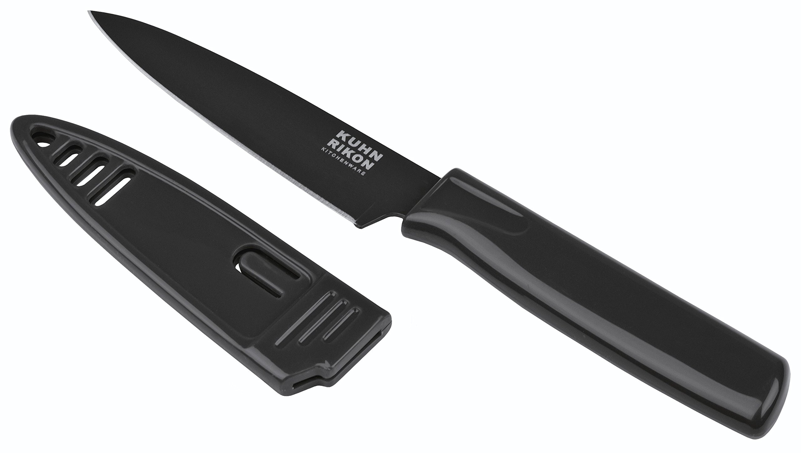 Kuhn Rikon 4-inch Straight Paring Knife with Safety Sheath - 10.16cm Sharp Blade for Kitchen, Cooking & Food Prep - Perfect for Peeling, Slicing Fruits & Vegetables (Black)