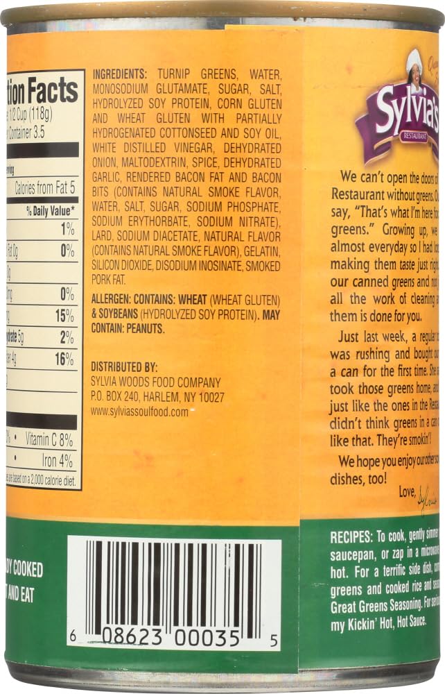 Organic Sylvia's Turnip Greens, 14.5 oz (Pack of 6) - Fresh Southern-Style Canned Vegetables for Cooking, Soul Food Recipes & Healthy Side Dishes