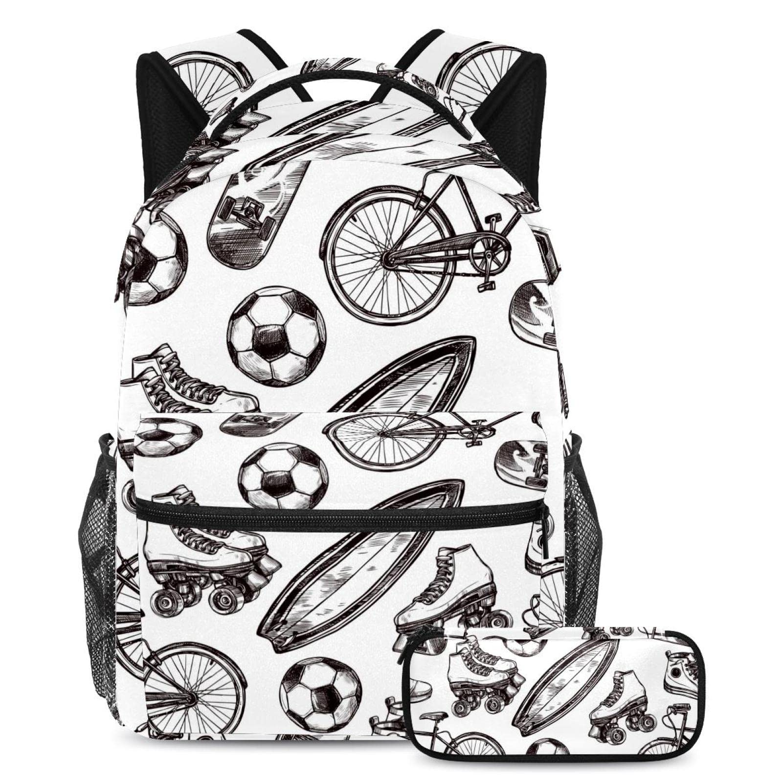 Stylish 15.6 Inch Laptop Backpack for Teen Girls & Boys - School Bookbag Set with Pencil Case & Travel Bag | Football Roller Skates Design | Perfect for School, College, Travel & Daily Use