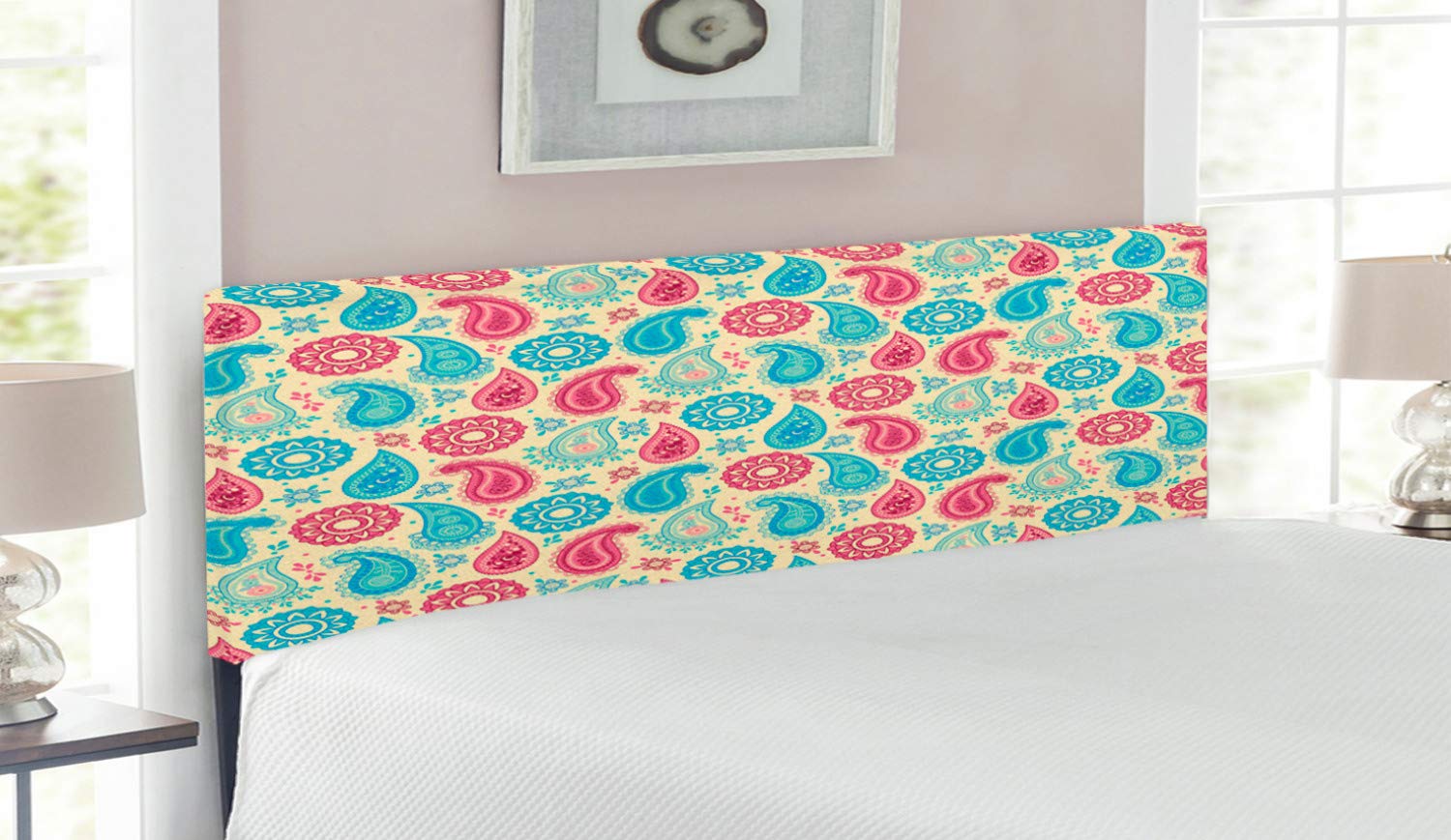 Ambesonne Paisley Queen Size Headboard - Retro Floral Pattern Upholstered Metal Bed Frame with Memory Foam in Turquoise Pink Cream | Perfect for Vintage Bedroom Decor & Guest Room Makeover