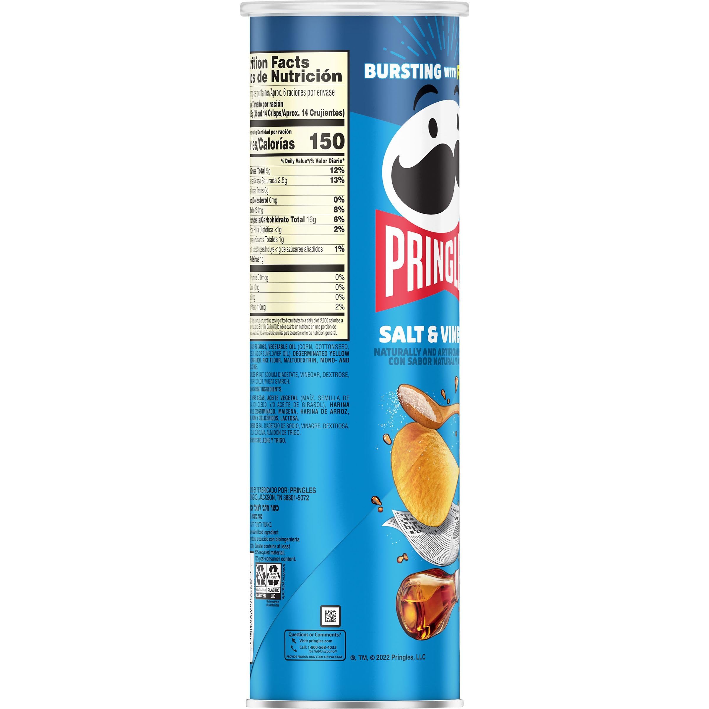 Pringles Salt and Vinegar Potato Crisps Chips - 5.5oz Can (Pack of 1) - Crunchy Lunch Snacks, On-The-Go Treats for Work, School & Travel