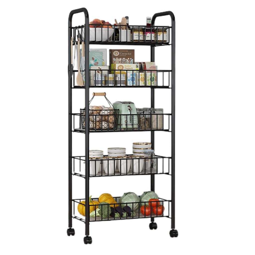 5-Tier Slim Rolling Cart with Slide-Out Shelf & Wheels - Mesh Basket Storage Organizer for Kitchen, Bathroom, Office - Easy Assembly Space-Saving Shelving Unit (43 x 26 x 105cm) - Perfect for Small Spaces, Pantry Organization & Mobile Storage Solutions