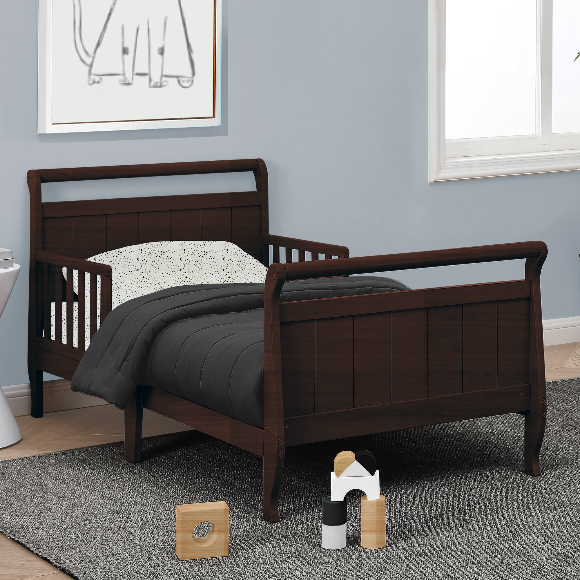 Wooden Sleigh Toddler Bed for Kids - Rustic Nursery Furniture for Boys & Girls - Perfect for Bedrooms, Daycare Centers, and Cozy Sleep Spaces
