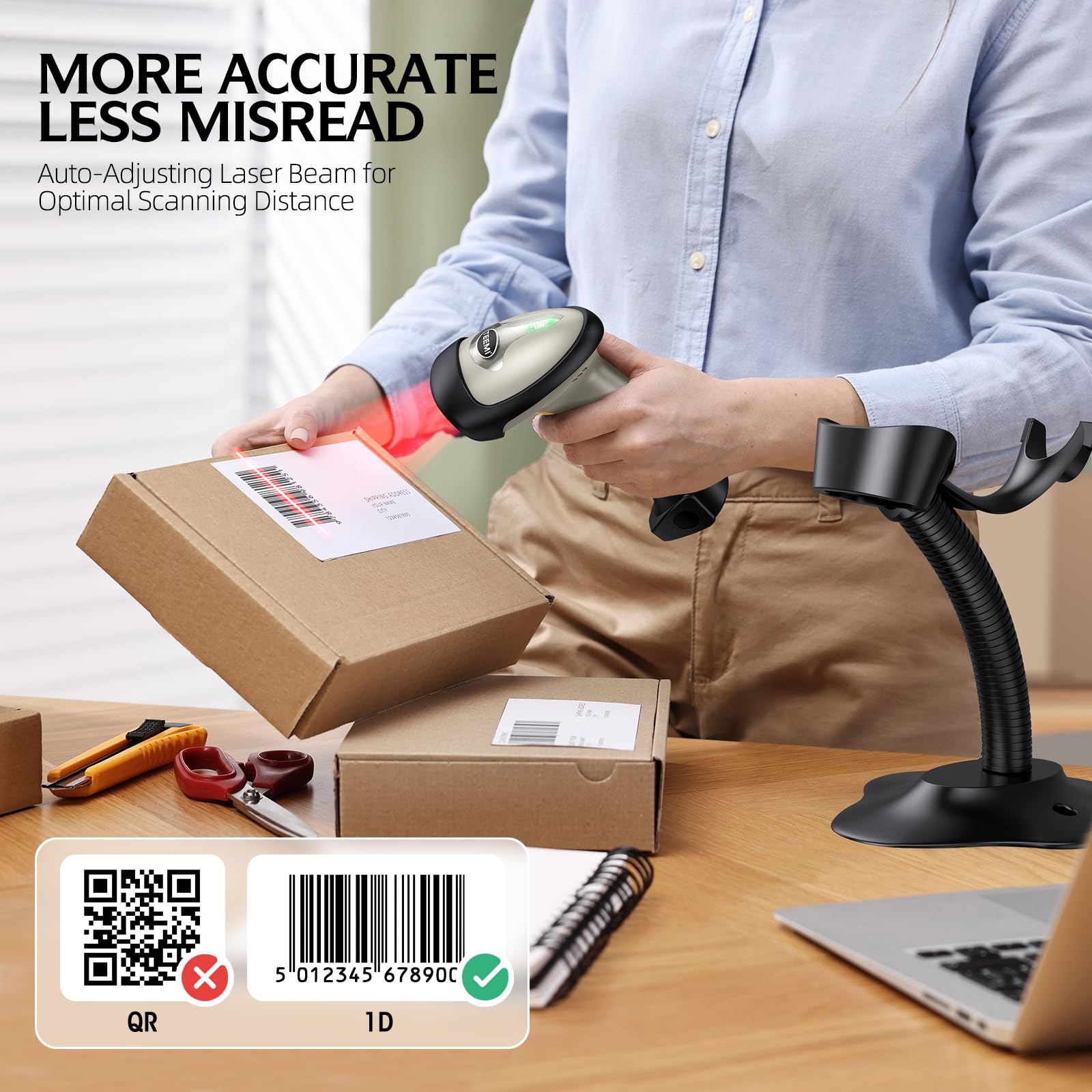TEEMI Wireless Bluetooth Barcode Scanner - 1D Laser Handheld Reader Compatible with iPhone, iPad, Android Tablet, PC, Mac OS X, Windows 10 & iOS 14 - Includes Stand for Retail, Warehouse & Inventory Management