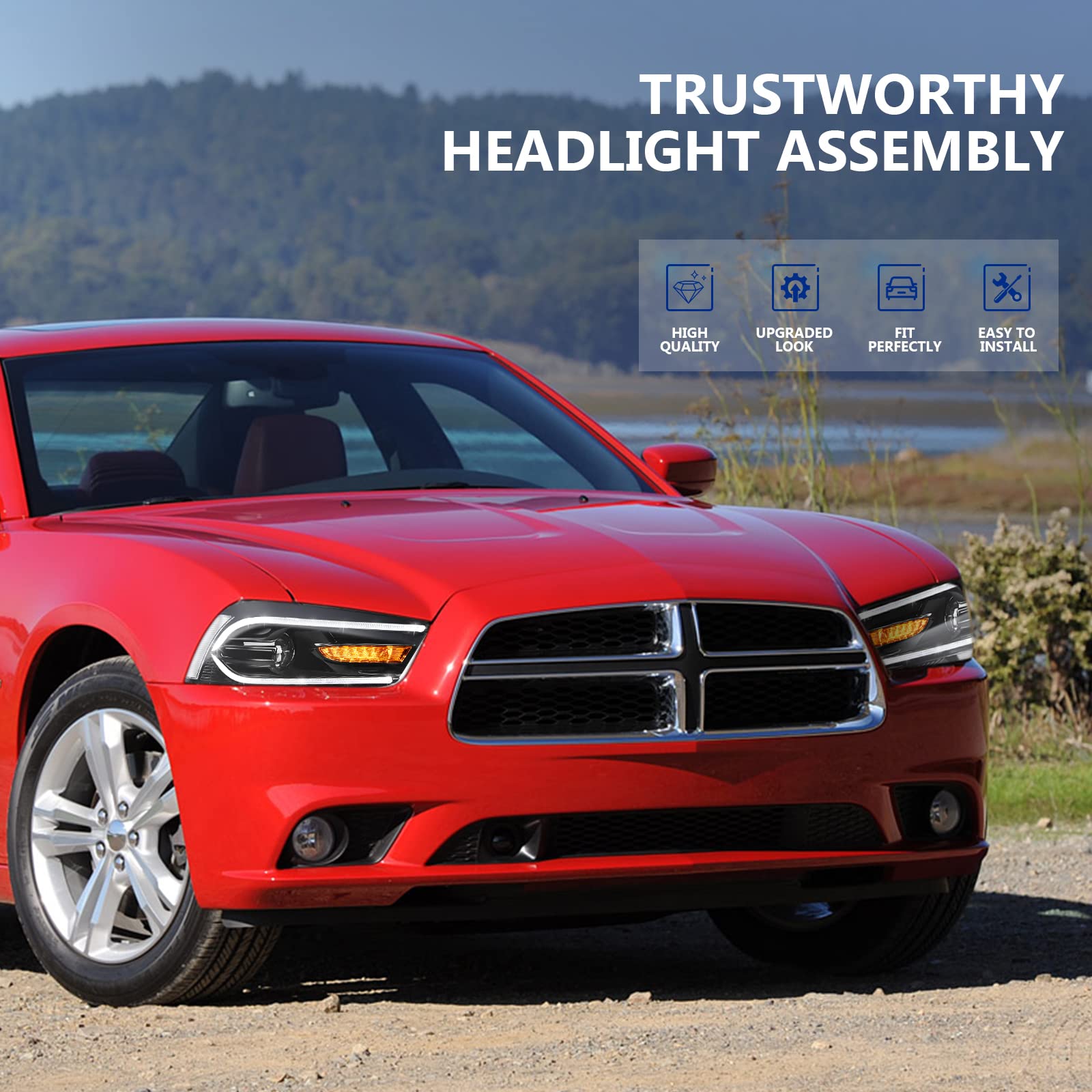 ECCPP Full LED DRL Projector Headlight Assembly for Dodge Charger 2011-2014 - LED Sequential Turn Signal Light (Driver & Passenger Side) | Upgrade Your Ride for Night Driving & Enhanced Visibility