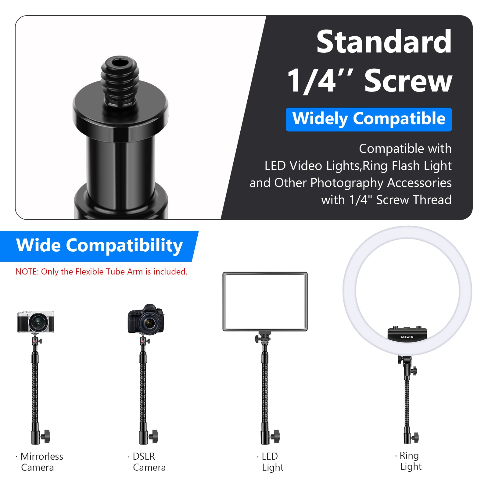 NEEWER Adjustable Metal Flexible Tube Arm for Ring Light - Perfect for Photography, Videography, and Live Streaming