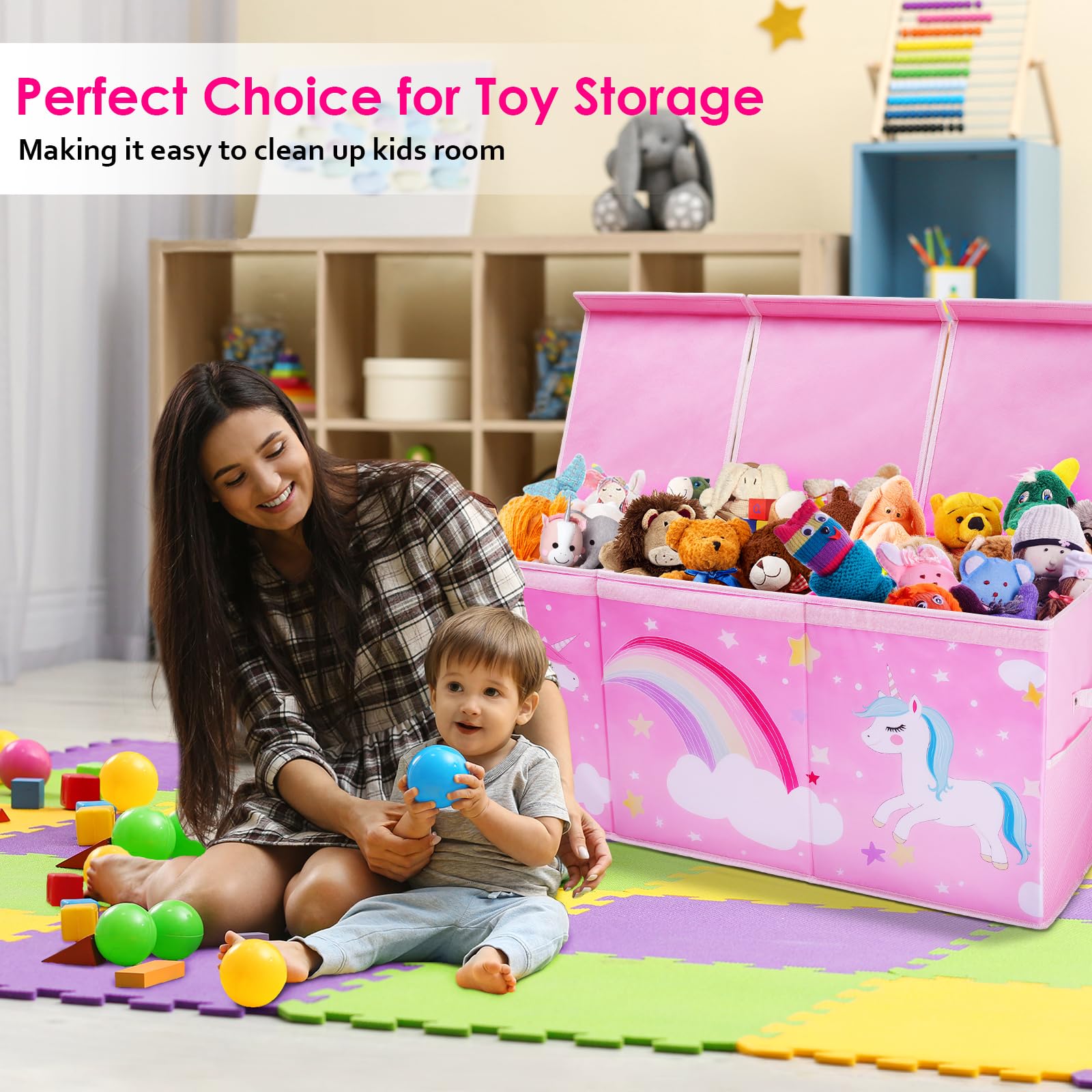 Extra Large Unicorn Toy Storage Box with Flip Lid - Collapsible Kids Toy Chest with Handles & Mesh Pockets, Waterproof Organizer for Bedroom & Playroom (37.7×12.5×15.7 Inch) - Perfect for Stuffed Animals, Legos & Kids Toys Organization