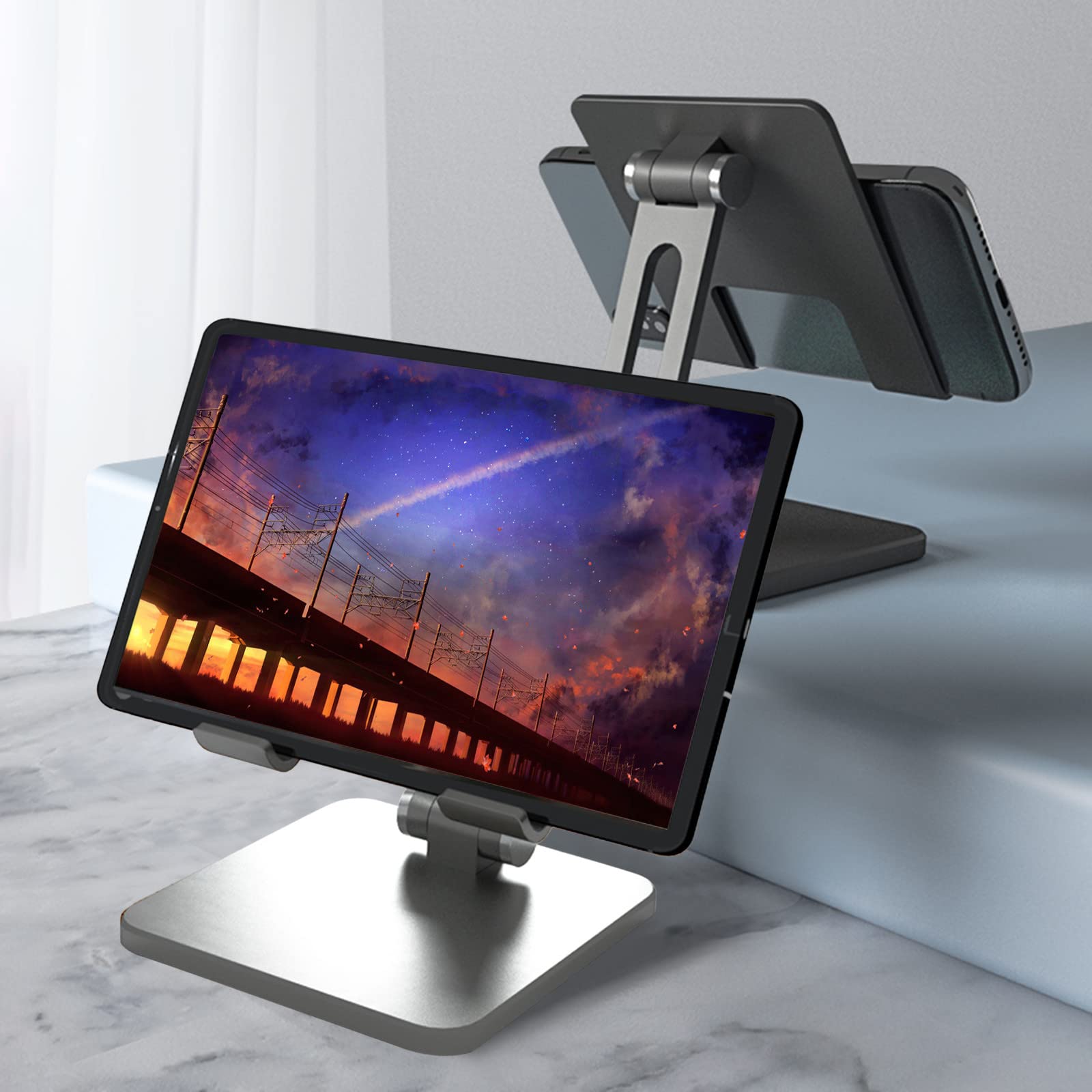 Portable Adjustable Aluminum Phone & Tablet Stand Holder - Foldable Desktop Dock with Heavy Duty Metal Base for iPad, iPhone, Samsung | Perfect for Home Office, Bed, Kitchen & Travel Use