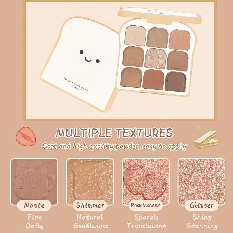 9 Colors Eyeshadow Palette Kit - Matte & Shimmer Glitter Nude Eyeshadow with 3 Brushes, Cute Toast Shaped Blush Palette for Long-Lasting Daily Eye Makeup (#03) | Perfect for Everyday Wear, Party & Special Occasions