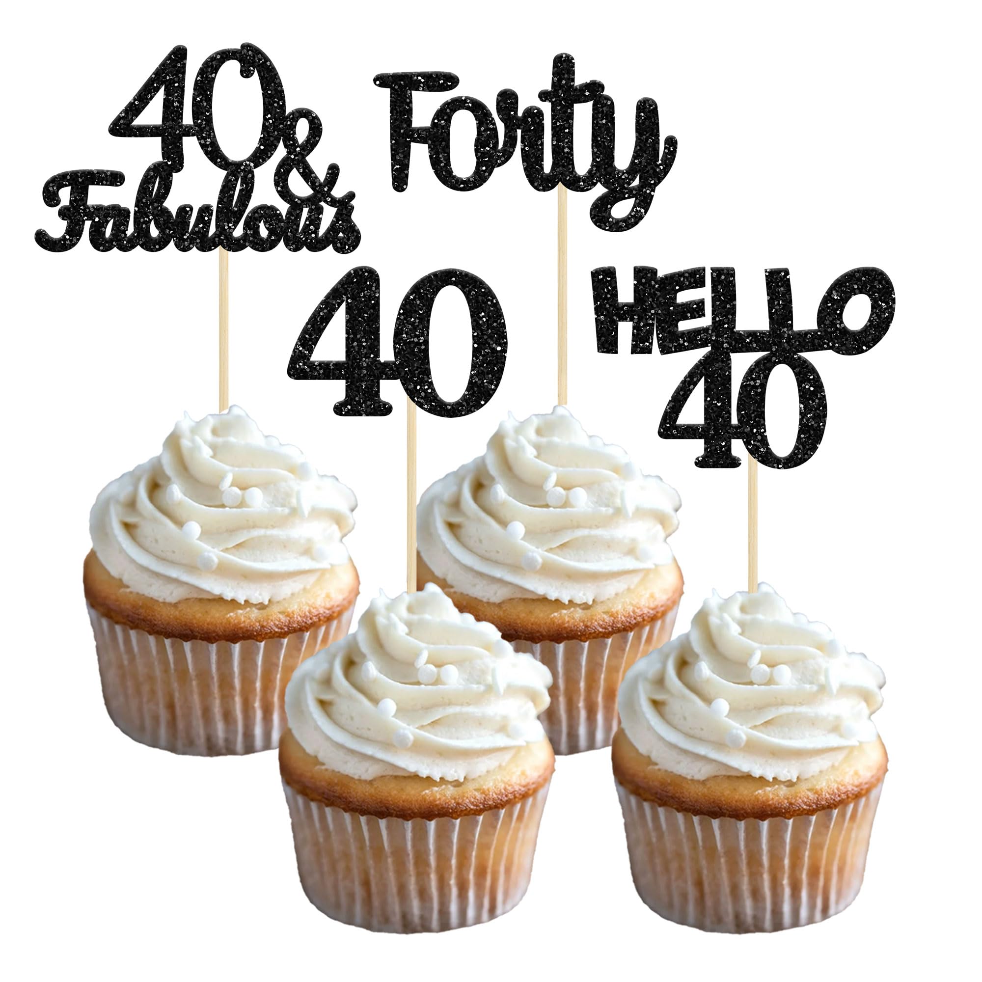24Pcs Black Glitter 40th Birthday Cupcake Toppers - Hello 40 Forty Cake Decorations - 40 & Fabulous Cupcake Picks for 40th Birthday Party Supplies - Perfect for Anniversary, Retirement, Milestone Celebrations