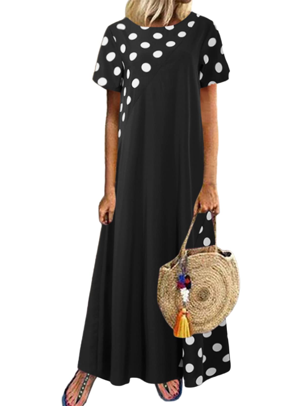 Celmia Women's Casual Maxi Summer Dress - Short Sleeve Polka Dot T-Shirt Dress with Pockets | Beach Holiday, Vacation, Party Wear