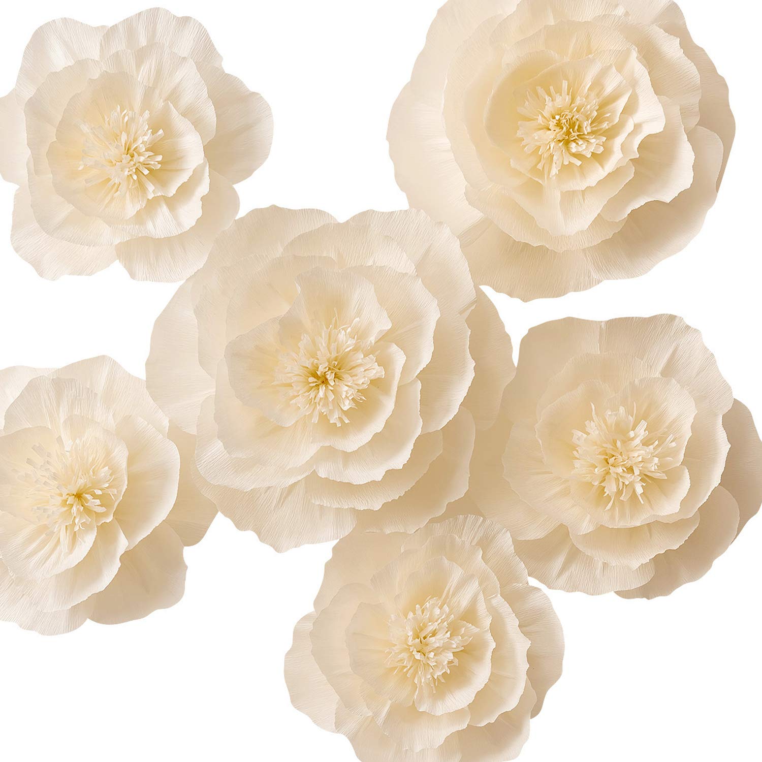Giant Crepe Paper Flowers Wall Decor - Set of 6 Beige Wedding Backdrop, Nursery Decor, Bridal Shower & Birthday Party Decorations (No Assembly Required) - Perfect for Home, Nursery, Wedding Venue and Event Decorations