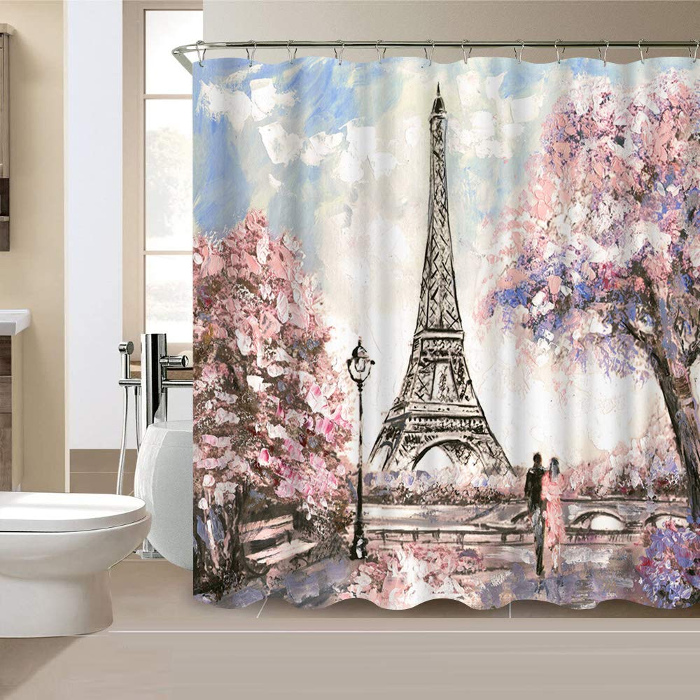 Paris Shower Curtain - Sakura Blossom Landscape Pink Romantic Waterproof Fabric Bathroom Decor with 12 Hooks (72x72 Inches) for Elegant Bathroom & Spa Style Upgrade