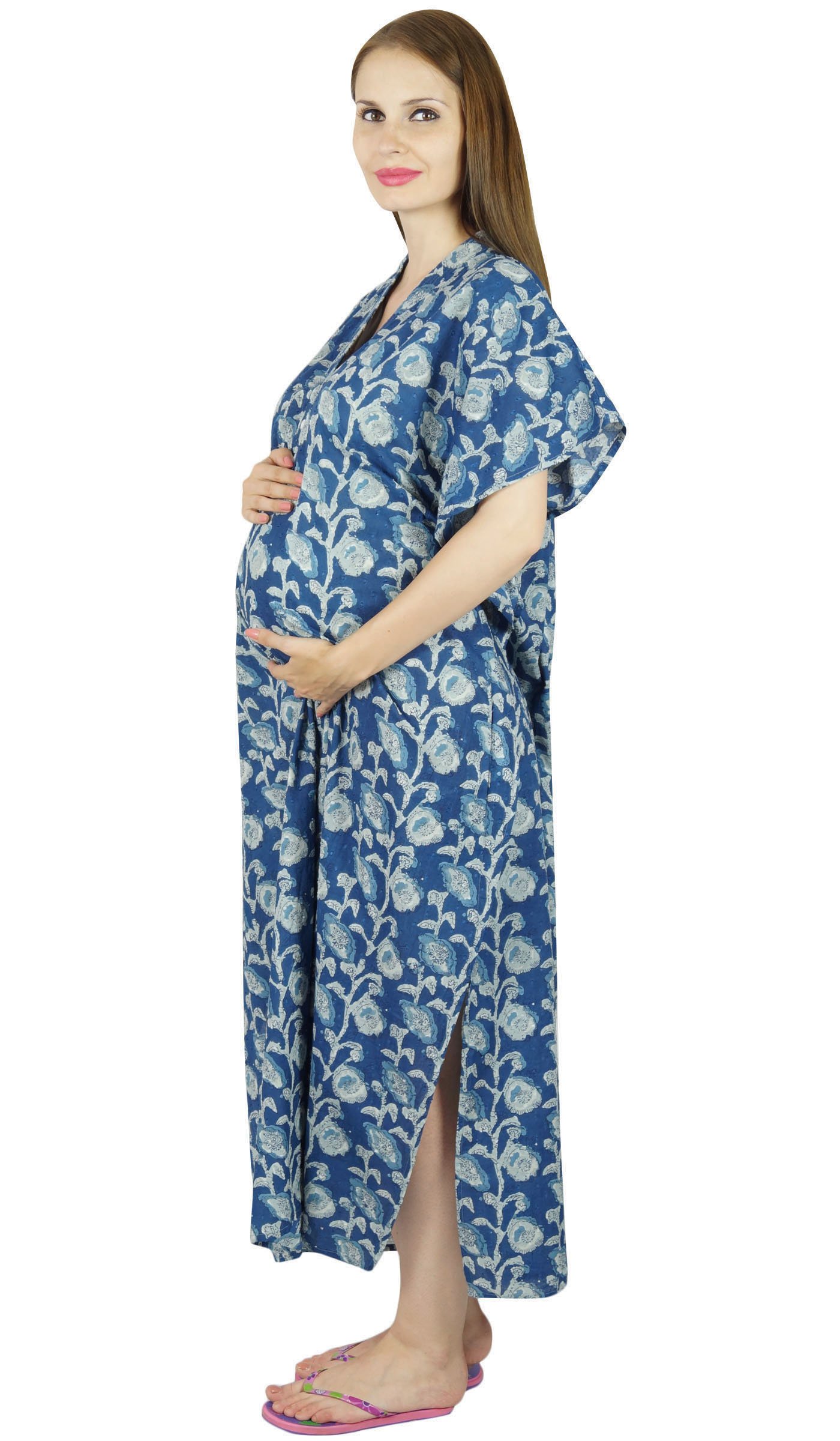 Bimba Nursing Kaftan Gown - Maternity & Delivery Dress with Front Buttons - Soft Blue Postpartum Hospital Gown for Breastfeeding Moms - Perfect for Hospital Stay, Nursing at Home and Comfortable Recovery