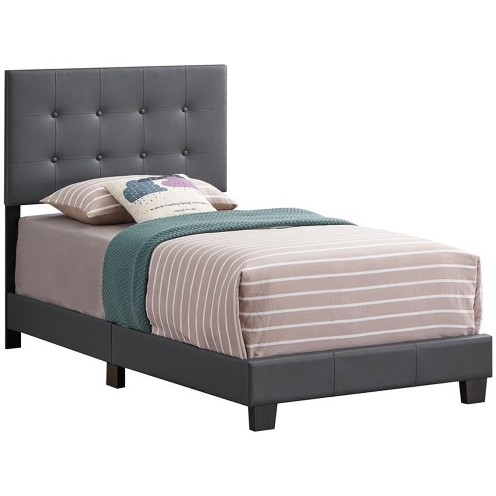 Glory Furniture Caldwell Faux Leather Panel Twin Bed Frame - Gray Upholstered Headboard for Small Space & Guest Room