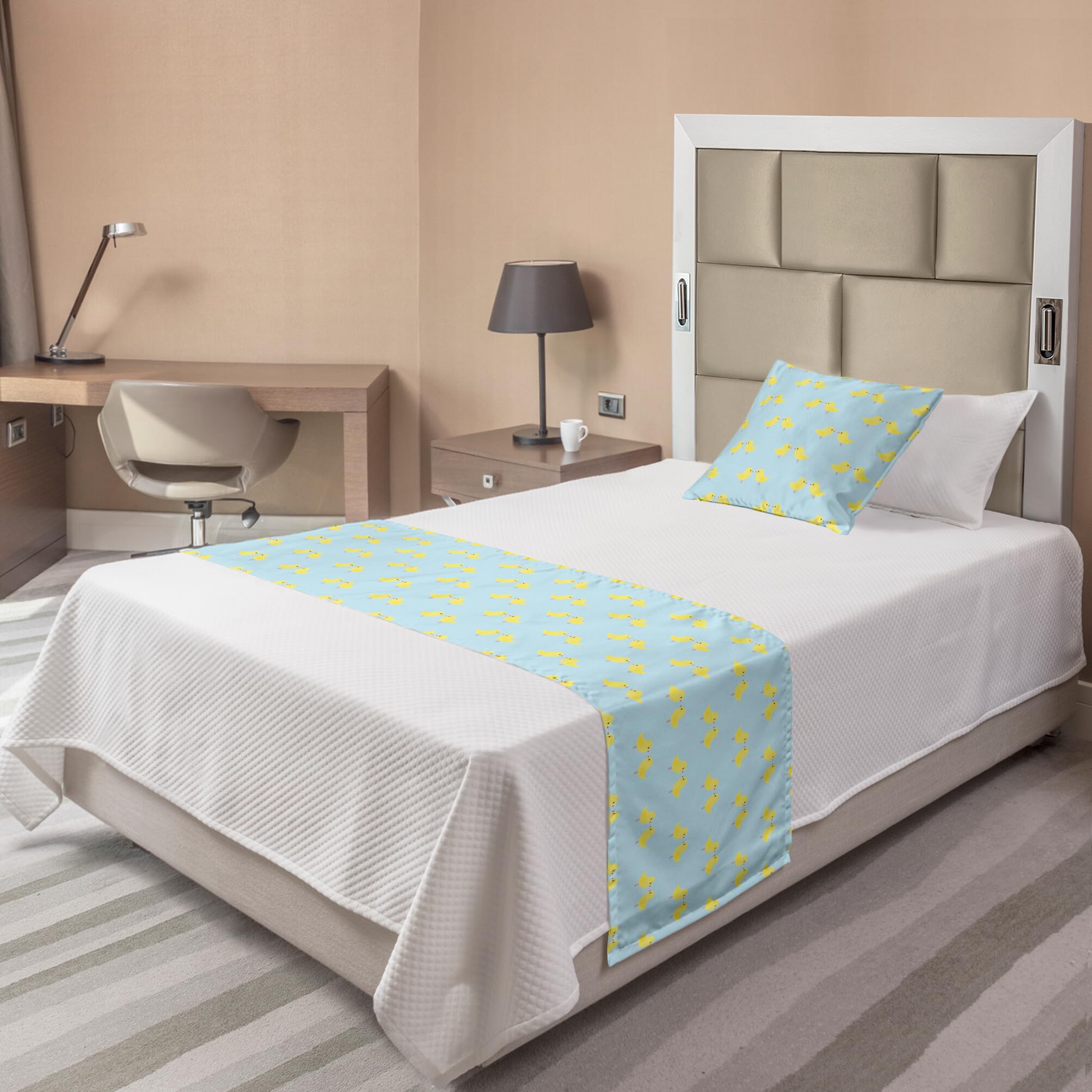 Ambesonne Yellow Bird Bed Runner Set - Cartoon Little Chickens Pattern, Decorative Bedding Scarf & Pillow Sham for Hotels & Homes, Twin Size, Pale Blue Pastel Yellow - Perfect for Nursery Decor, Guest Room Styling & Spring Bedroom Makeover