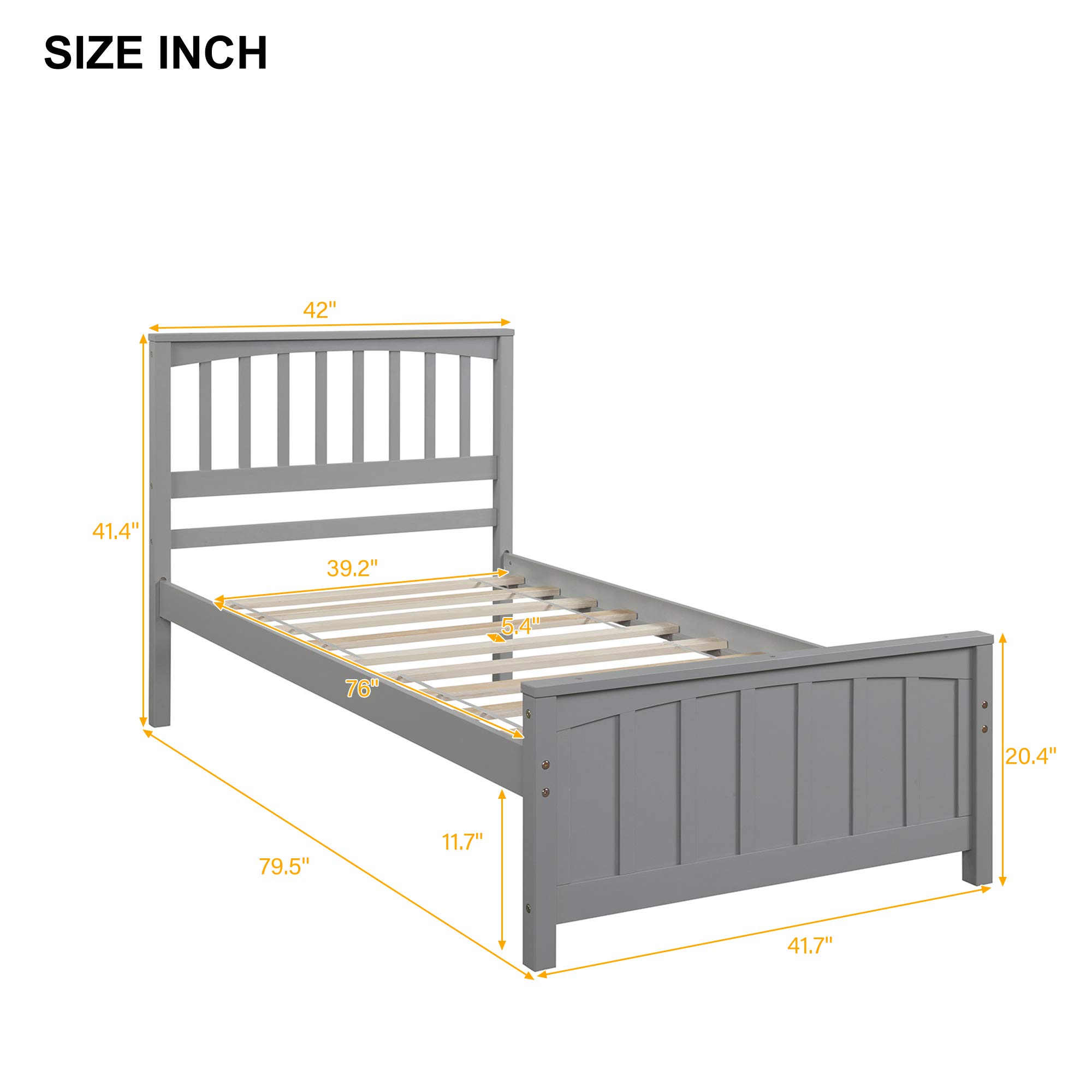 P PURLOVE Twin Size Solid Wood Platform Bed Frame with Headboard - No Box Spring Needed, Slat Support for Stability - Modern Gray Wooden Bed for Small Spaces & Guest Rooms