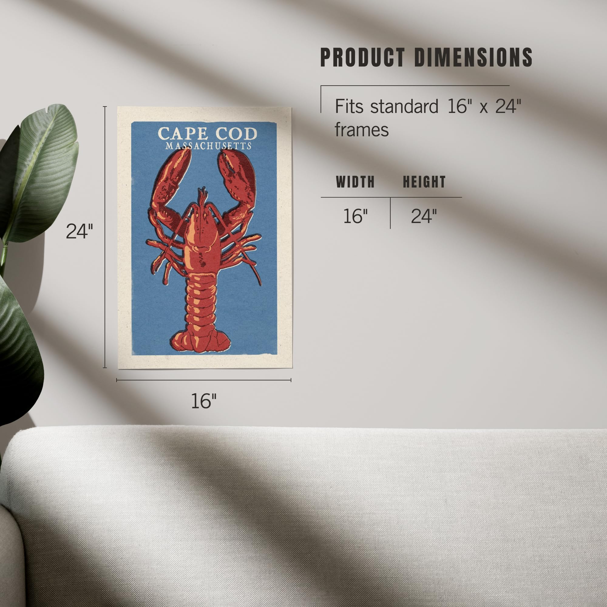 Lantern Press 16x24 Inch Giclee Art Print - Cape Cod Massachusetts Coastal Lobster Woodblock Wall Decor - Perfect for Beach House, Living Room or Nautical Themed Spaces