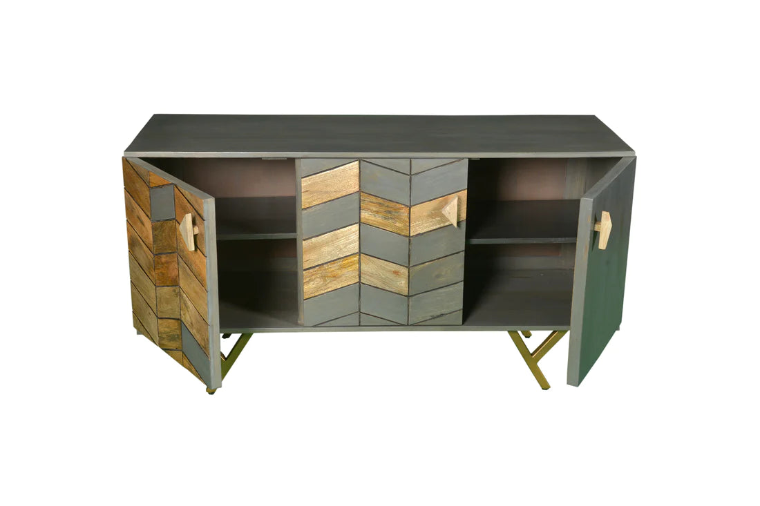 Gfine Solid Mango Wood & Iron Sideboard with 3 Doors - 137x45x73cm - Modern Storage Cabinet for Living Room, Dining Room, or Entryway
