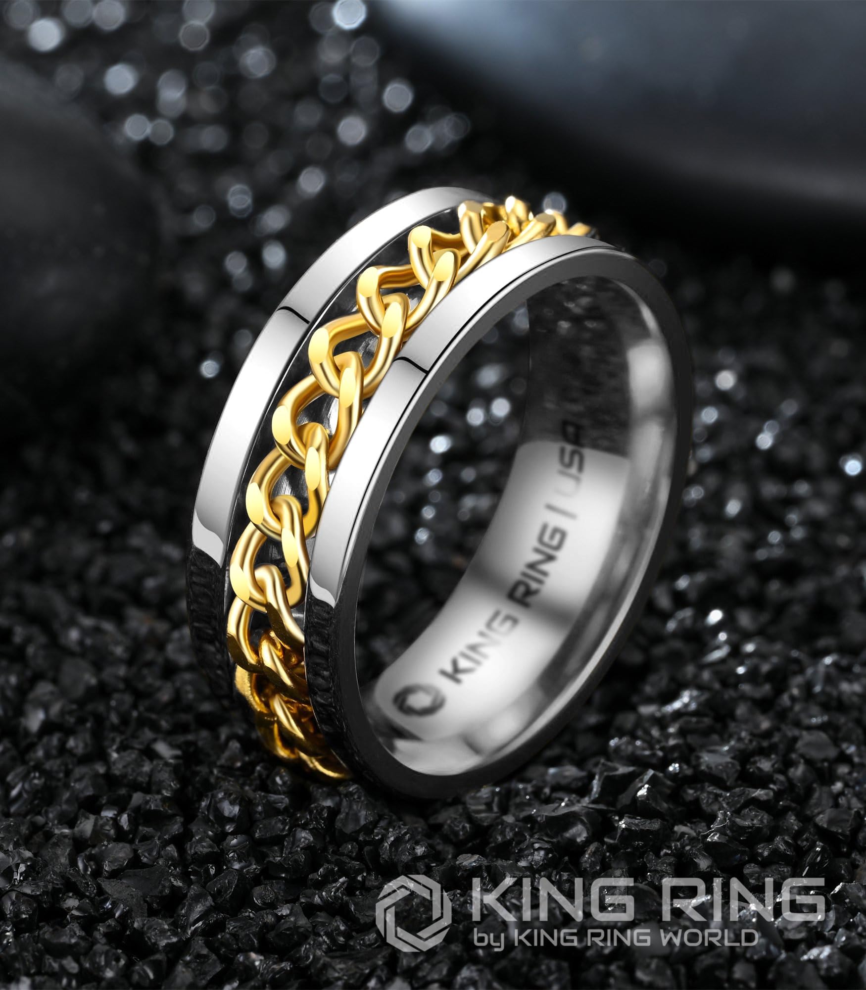 8mm Spinner Ring for Men & Women - Fine Polished Flat Fidget Ring with Cuban Chain - Stress Relief & Anxiety Relief Jewelry - Perfect for Office, Travel & Daily Wear - Designed in USA
