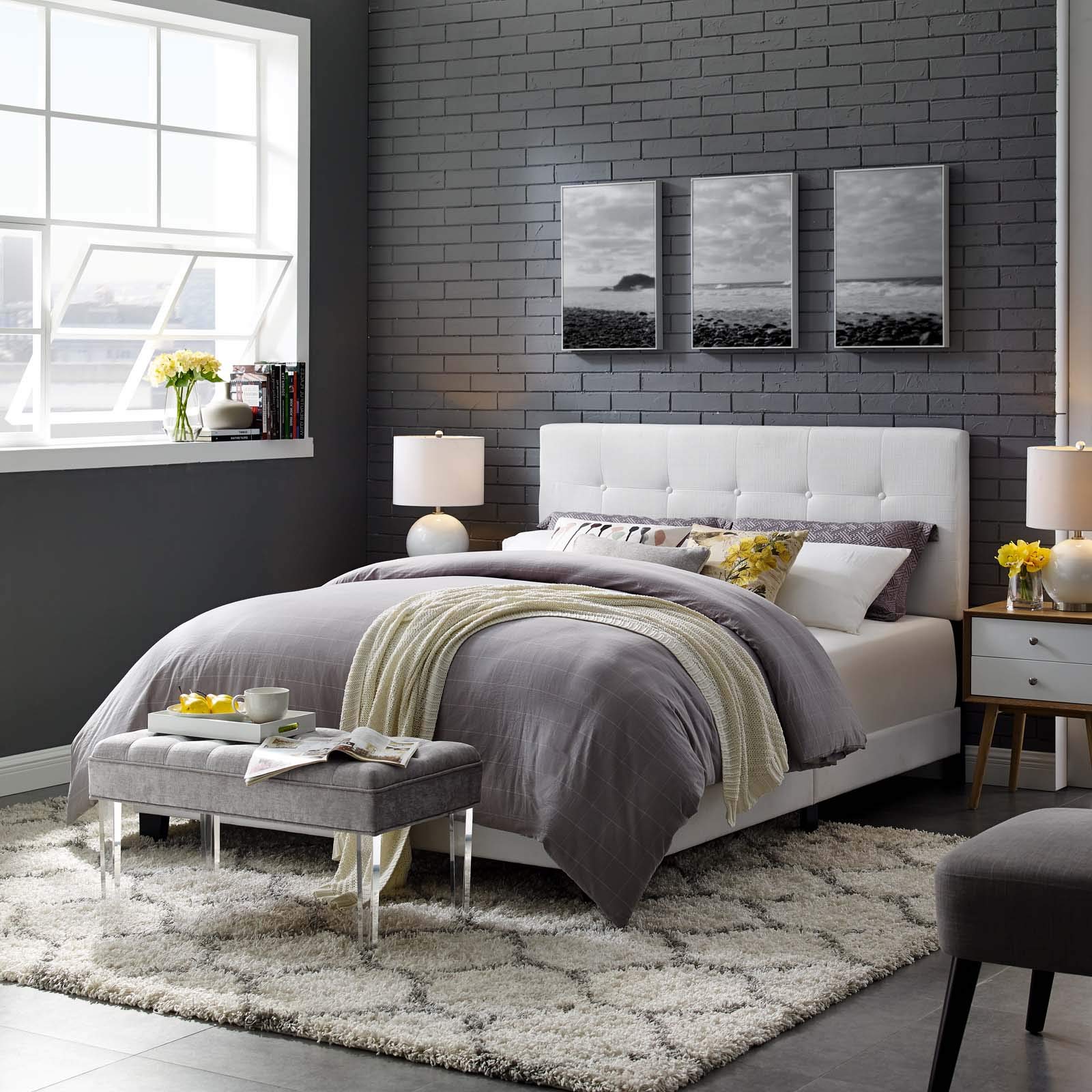 Modern Twin Size Platform Bed Frame - Contemporary Urban Design, Fabric Upholstered, White - Perfect for Small Bedrooms, Guest Rooms & Studio Apartments
