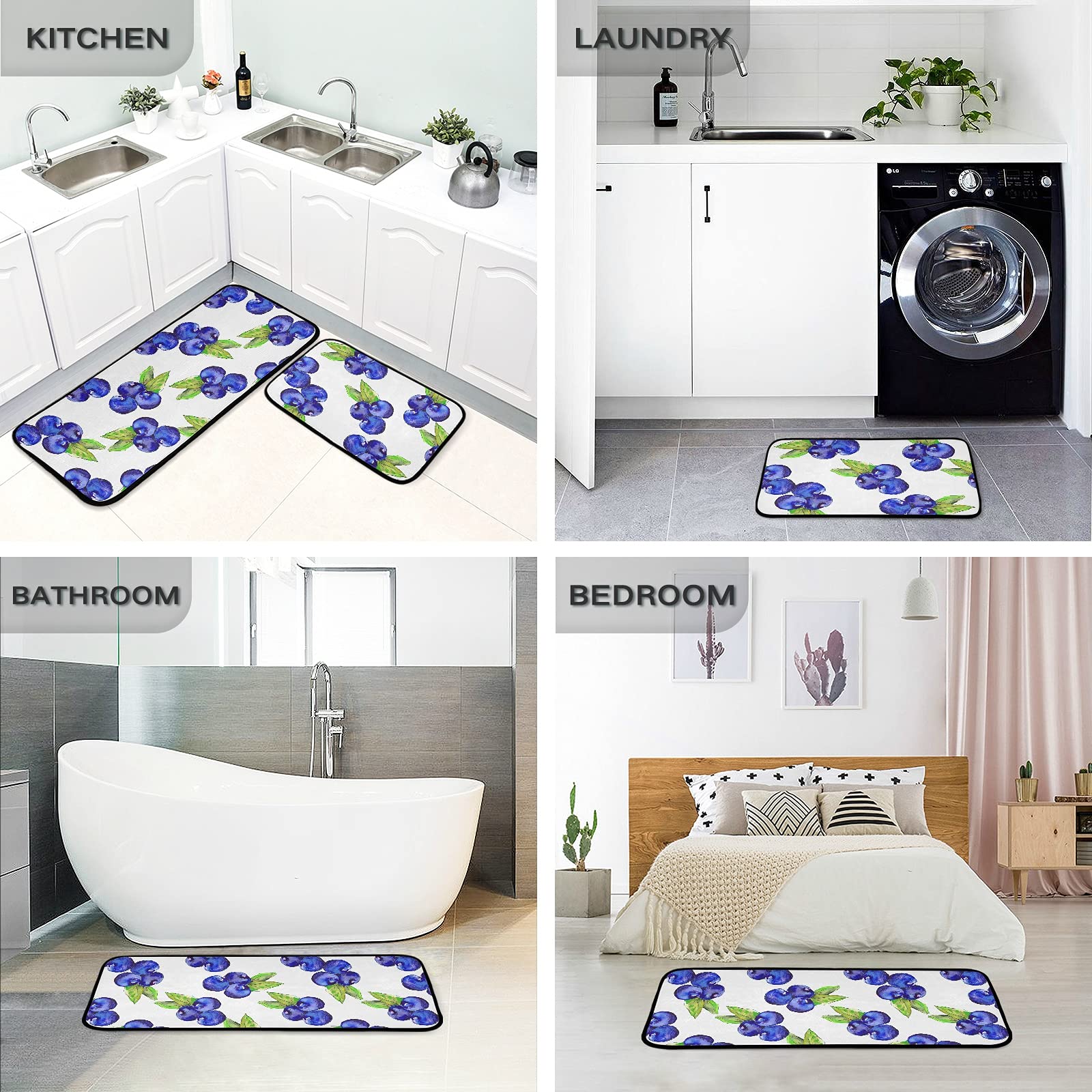 Premium Anti-Fatigue Kitchen Mat Set of 2 - Non-Slip Washable Memory Foam Cushioned Rugs for Comfortable Standing - Perfect for Kitchen, Office Desk, Sink Area & Laundry Room - Blueberries Themed Home Decor