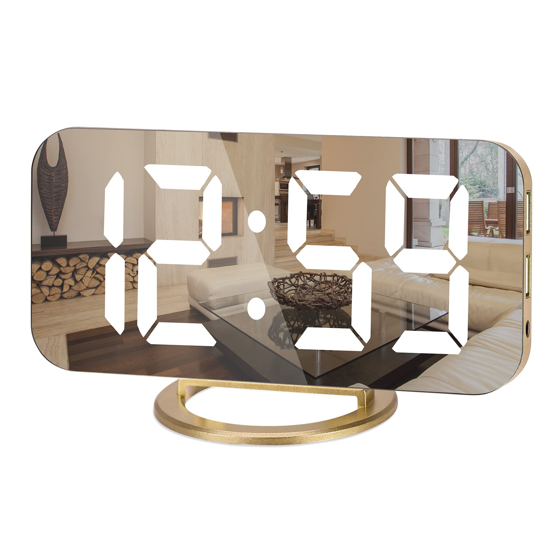 Ygdigital 6.5 Inch LED Digital Alarm Clock with Mirror Display - 2 USB Charging Ports, 3 Brightness Levels, Snooze Function, 12/24H Format - Perfect for Bedroom, Home Office, Nightstand (Gold)