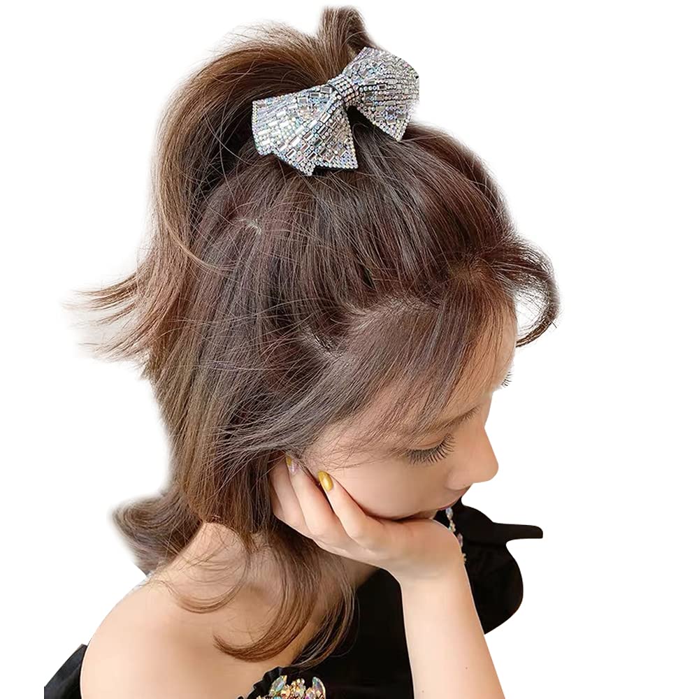 Elegant Grey Rhinestone Crystal Bowknot Hair Clips - 2 Pack Ponytail Holders for Women with Thick Hair | Hair Jewelry Accessories for Weddings, Parties & Everyday Style