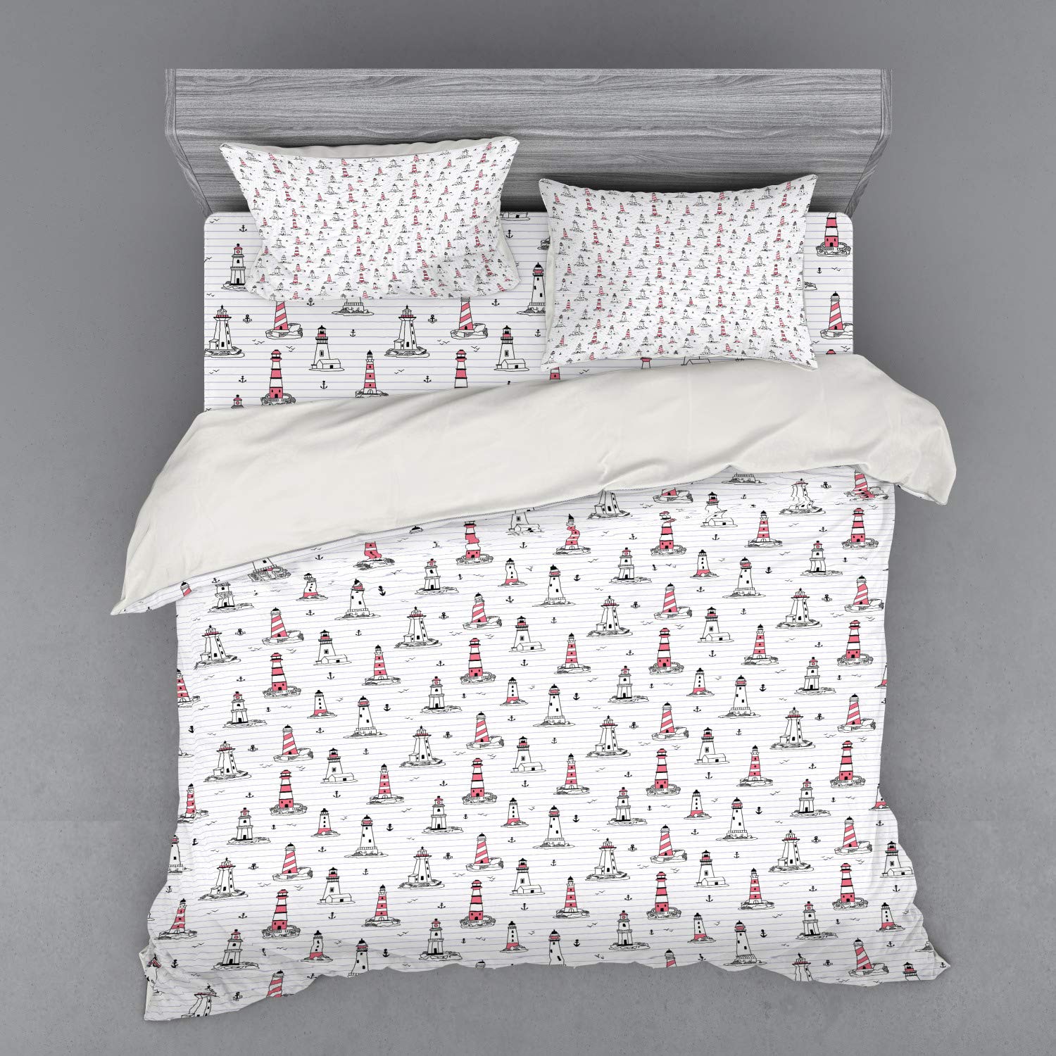 Ambesonne Lighthouse Bedding Set - Nautical Themed Duvet Cover with Seagulls & Anchors Doodle Design, 4-Piece King Size Set (Duvet Cover + Shams + Fitted Sheet) in Pink Lilac Black - Perfect for Coastal, Beach House or Nautical Nursery Decor