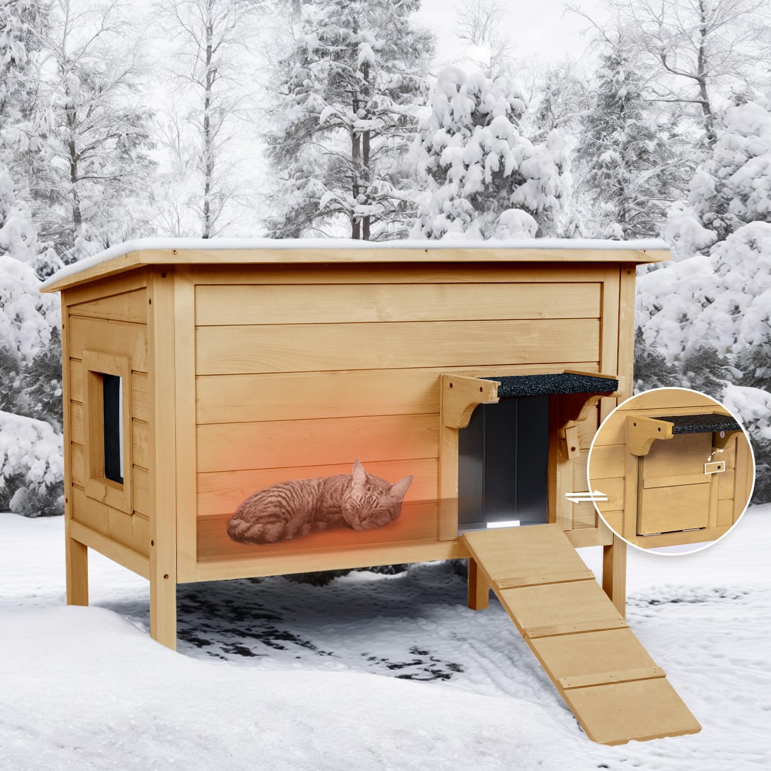 Insulated Outdoor Cat House for Winter - Weatherproof Large Wooden Shelter for Multiple Cats with Foldable Ladder & Acrylic Side Window, Brown | Perfect for Backyard, Garden, or Patio to Keep Feral Cats Warm and Safe in Cold Weather