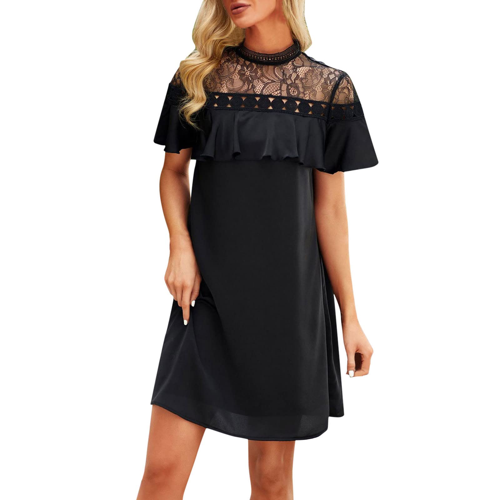 Women's Summer Lace Ruffle A-Line Mini Dress - Short Sleeve Wrap Party Dress in Solid Colors | Perfect for Casual Outings, Beach Vacations & Evening Events
