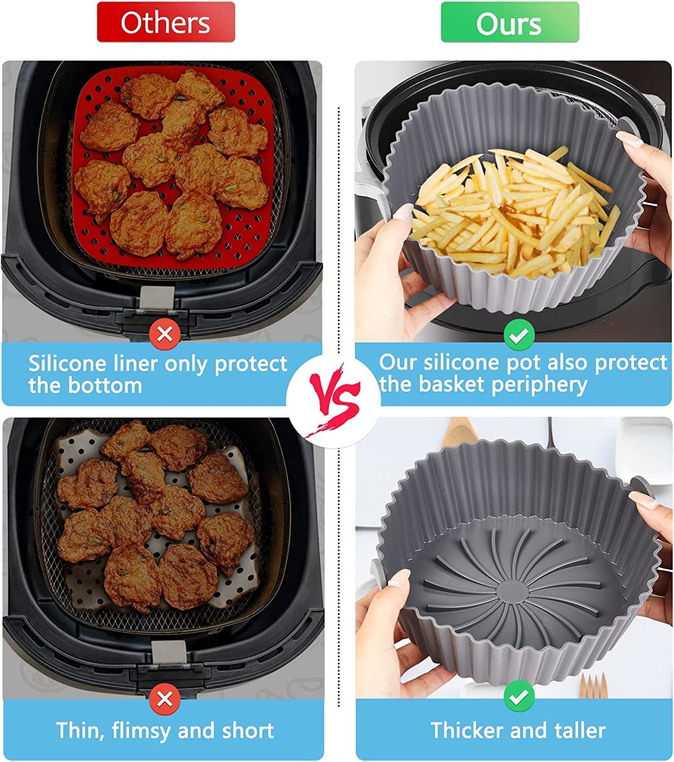Kesi Reusable Silicone Air Fryer Pot with Ear Handles - Food Grade Heat Resistant Air Fryer Accessories & Silicone Liner with Wave Stripe Texture for Even Heating - Perfect for Air Fryer Ovens, Roasting Nuts, Baking Cookies & Healthy Cooking