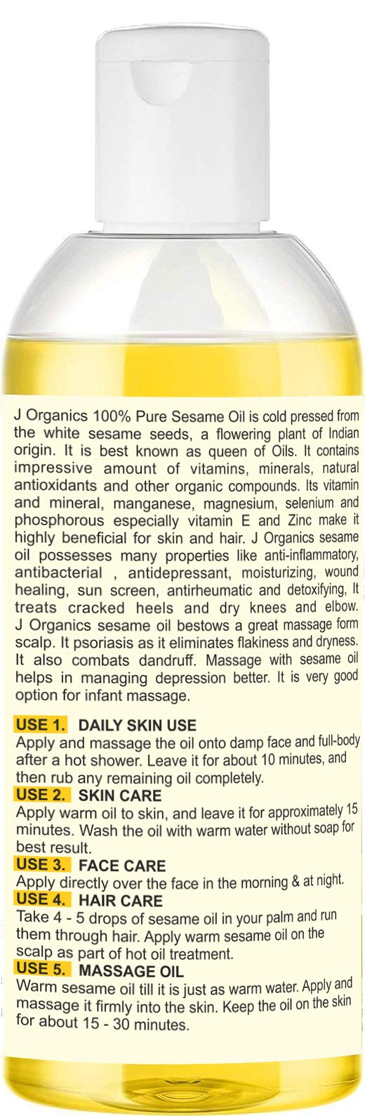 Jioo Organics 100% Pure Cold Pressed Sesame Oil for Hair Growth, Skin Care & Massage - 100% Natural Til Ka Tel - 100ml | Perfect for Ayurvedic Treatments, Aromatherapy & Healthy Heart