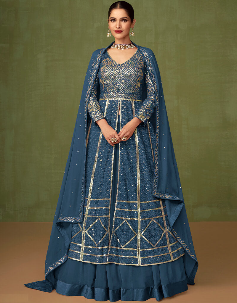 Elegant Blue Faux Georgette Anarkali Salwar Suit for Women - Indian Ethnic Wear for Weddings, Parties & Festive Occasions