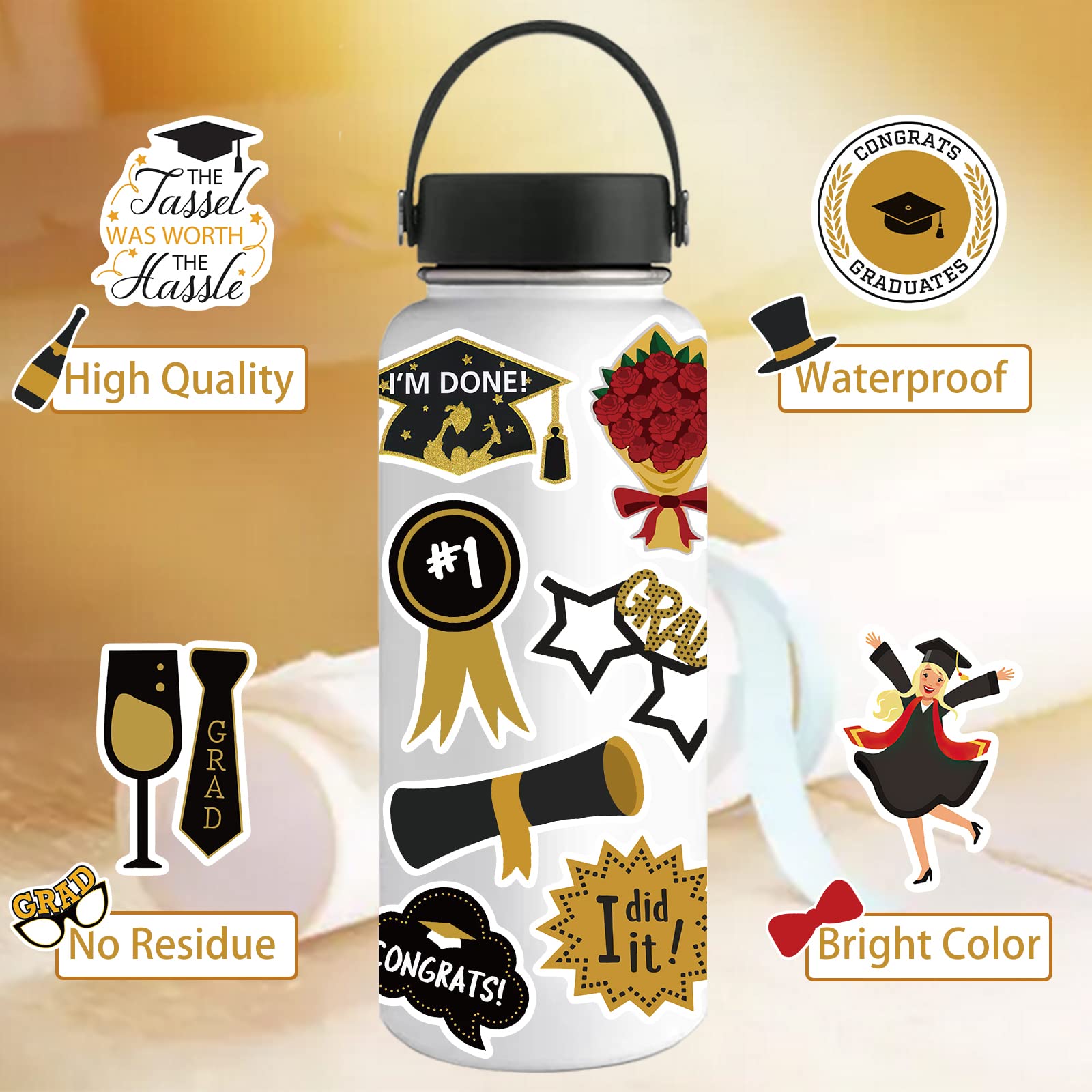 52PCS Graduation Stickers - Vinyl Waterproof Decals for Water Bottles, Laptops, Luggage, Helmets | Perfect for Grad Party Decorations, DIY Scrapbooking & Gift Giving